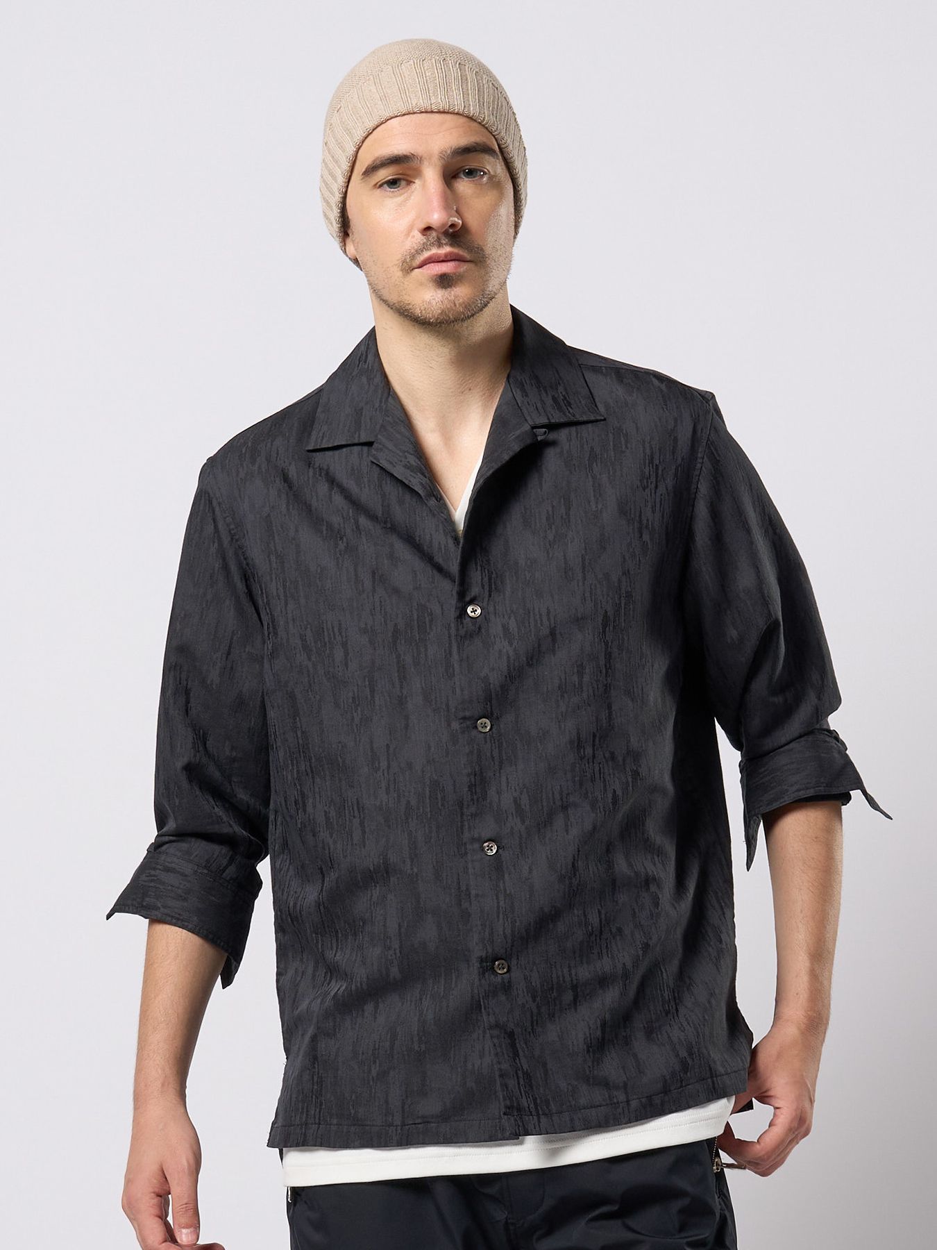 【予約品 9月23日(火) 締切】jacquard open collar shirt / ジャガード オープンカラーシャツ / ブラック
