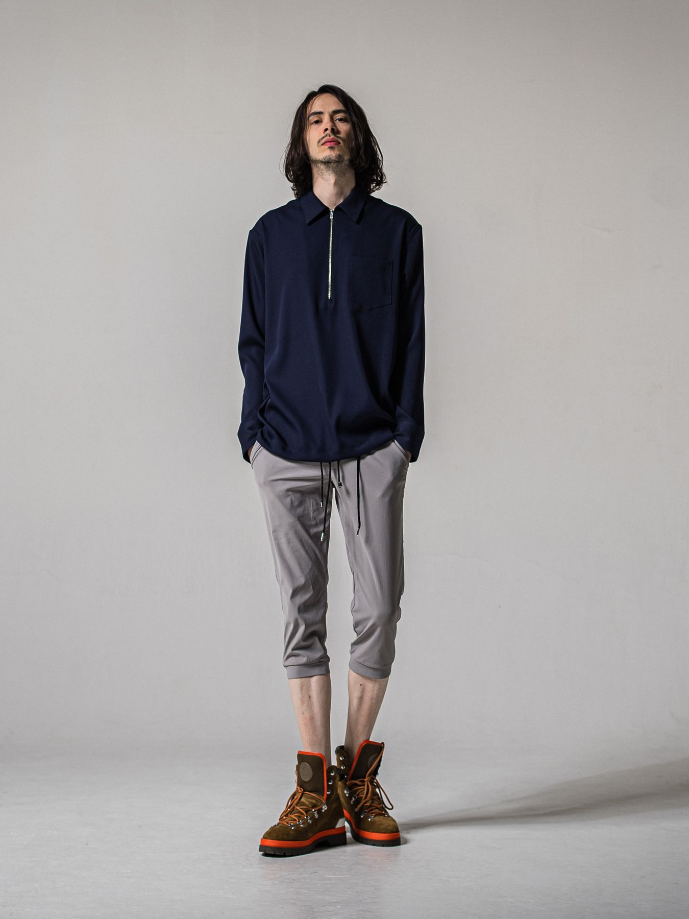 【予約品 11月16日(日) 締切】PULL OVER SATIN SHIRT / ジッププルオーバー サテンシャツ / ネイビー