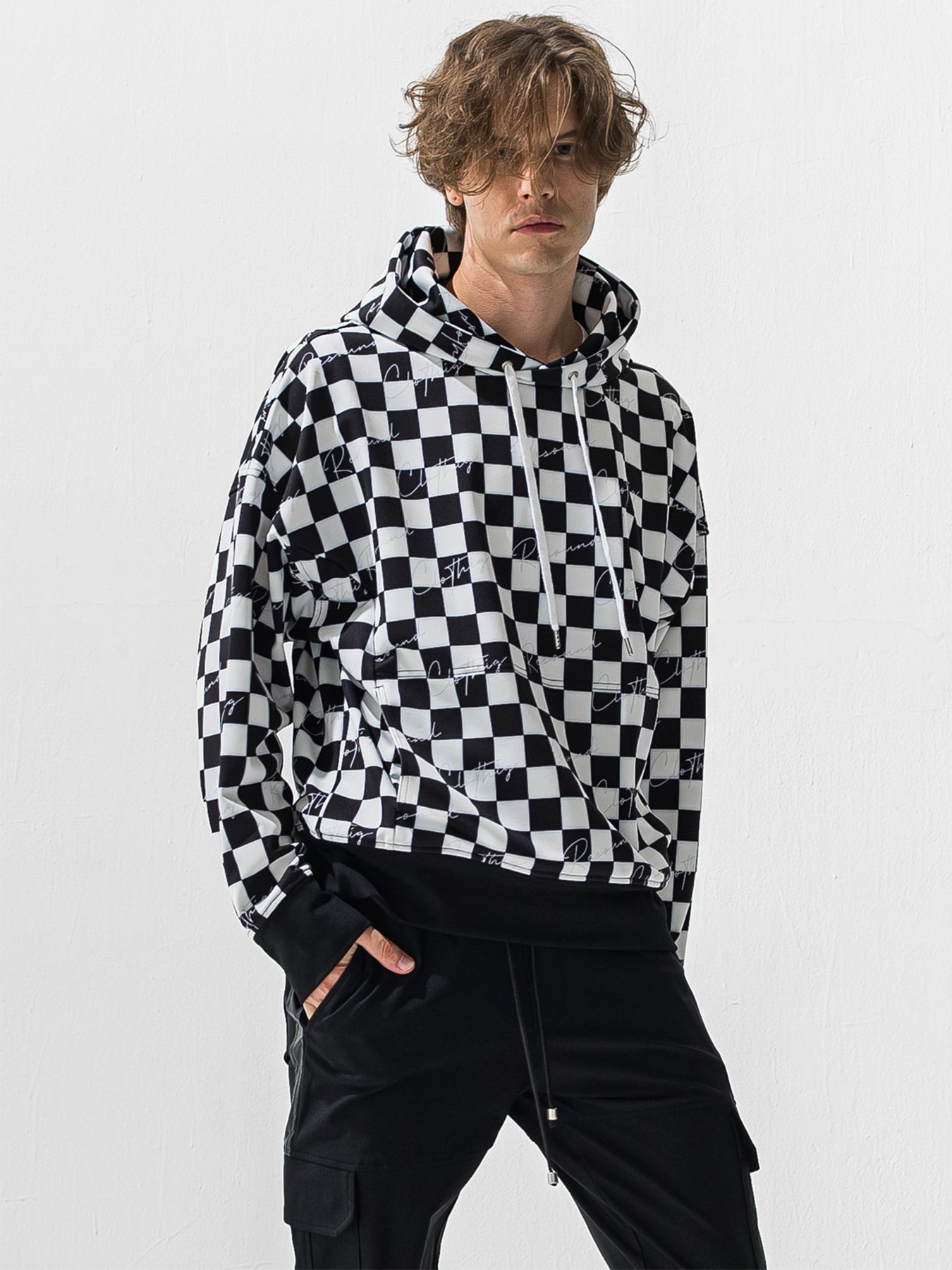 【予約品 9月6日(日) 締切】CHECKER BACK FLEECE TRAINER / 裏起毛 ルーズフーディー / ホワイト×ブラック