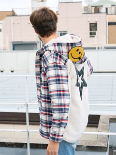ヘビーネルチェック-ボア レザースター&サガラパッチワーク フーデッドシャツ / オフホワイト