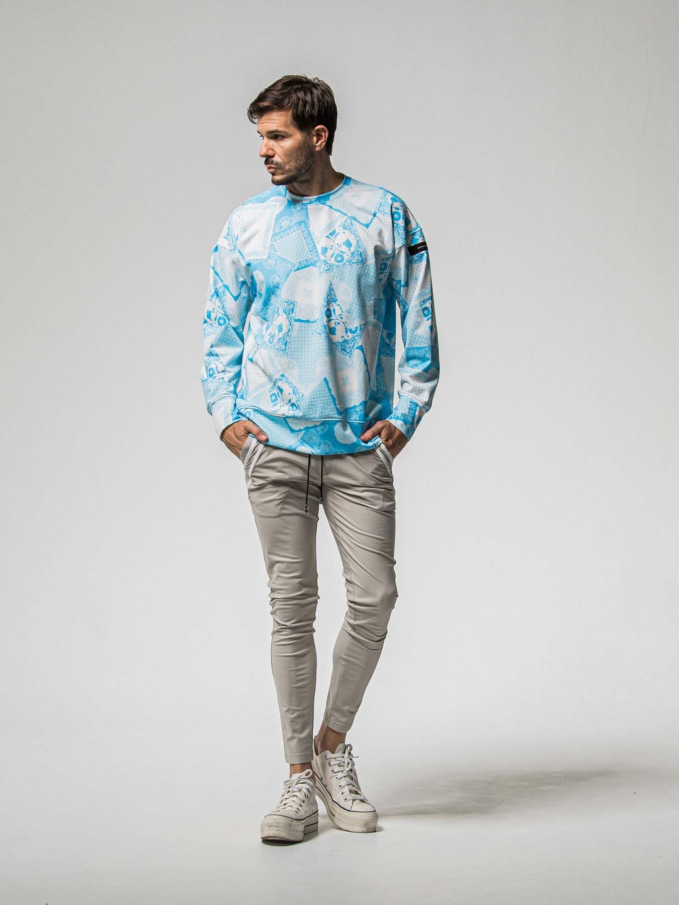 【予約品 8月31日(日) 締切】PAISLEY BACK FLEECE DROP TRAINER / ペイズリー バックフリース ドロップショルダートレーナー / ブルー