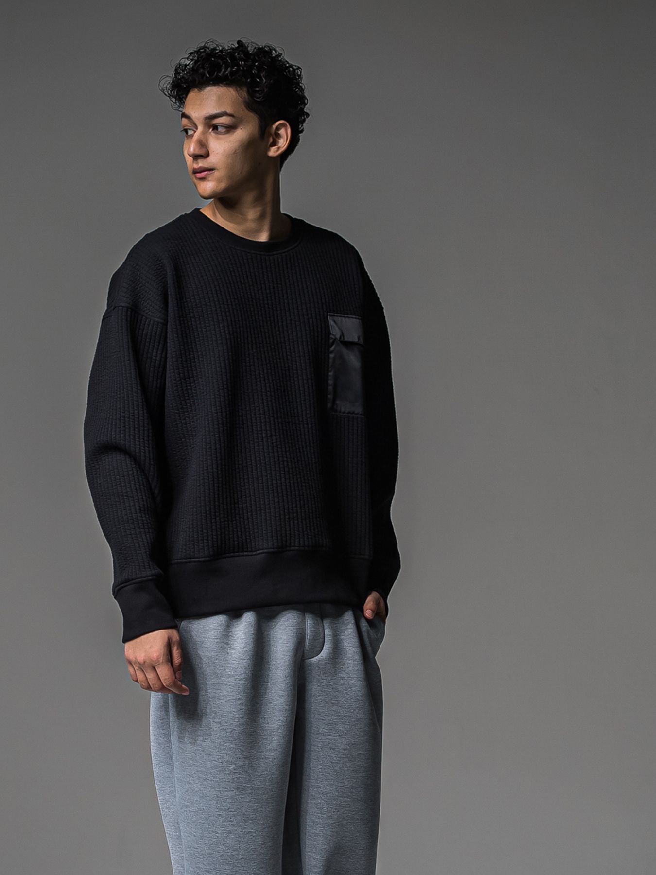 【予約品 】STRIPE QUILTING DROP TRAINER / ストライプキルティング ルーズトレーナー / ブラック