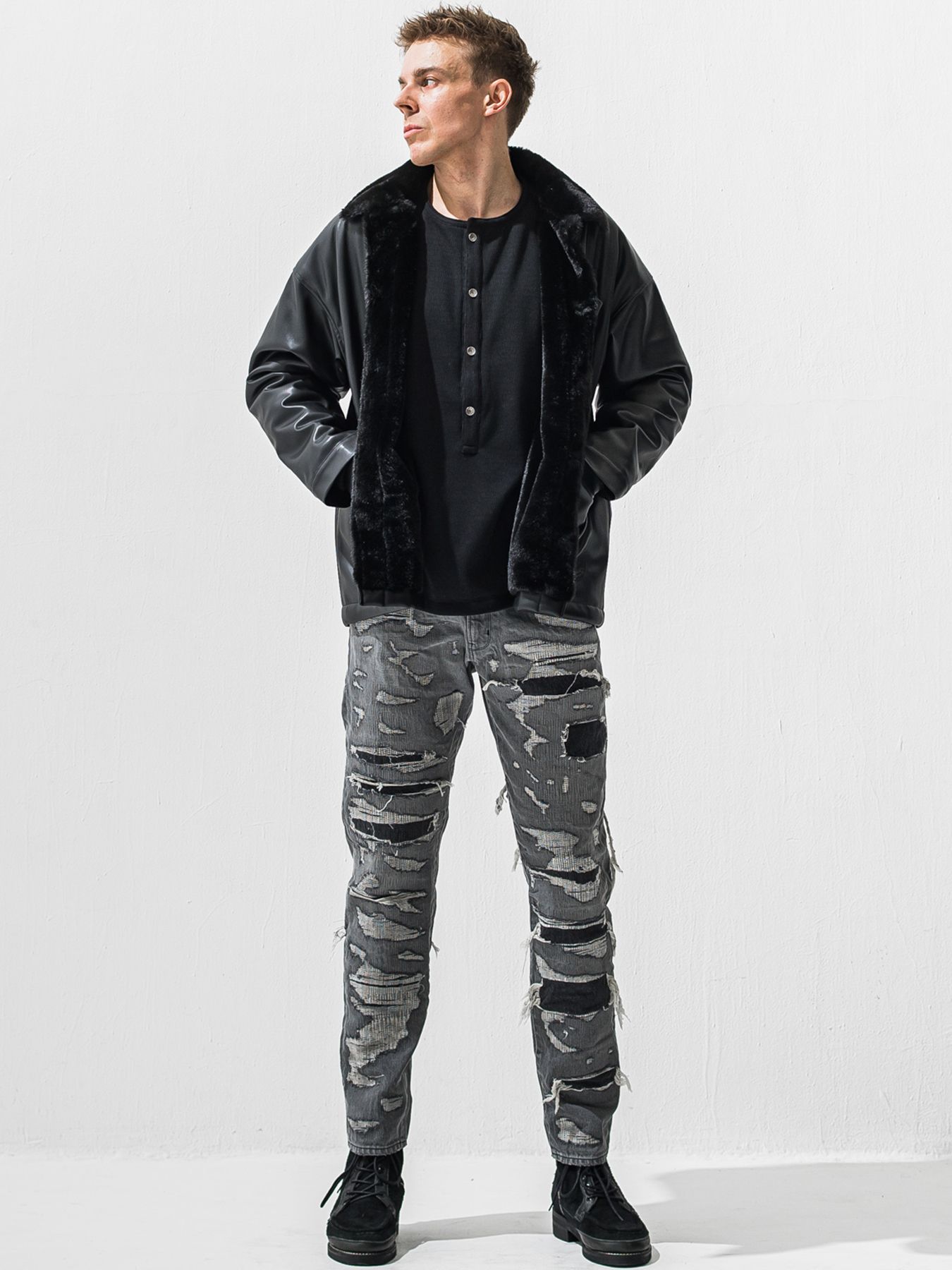 【予約品 9月6日(日) 締切】LEATHER FUR COVERALL / レザー ファー カバーオール / ブラック