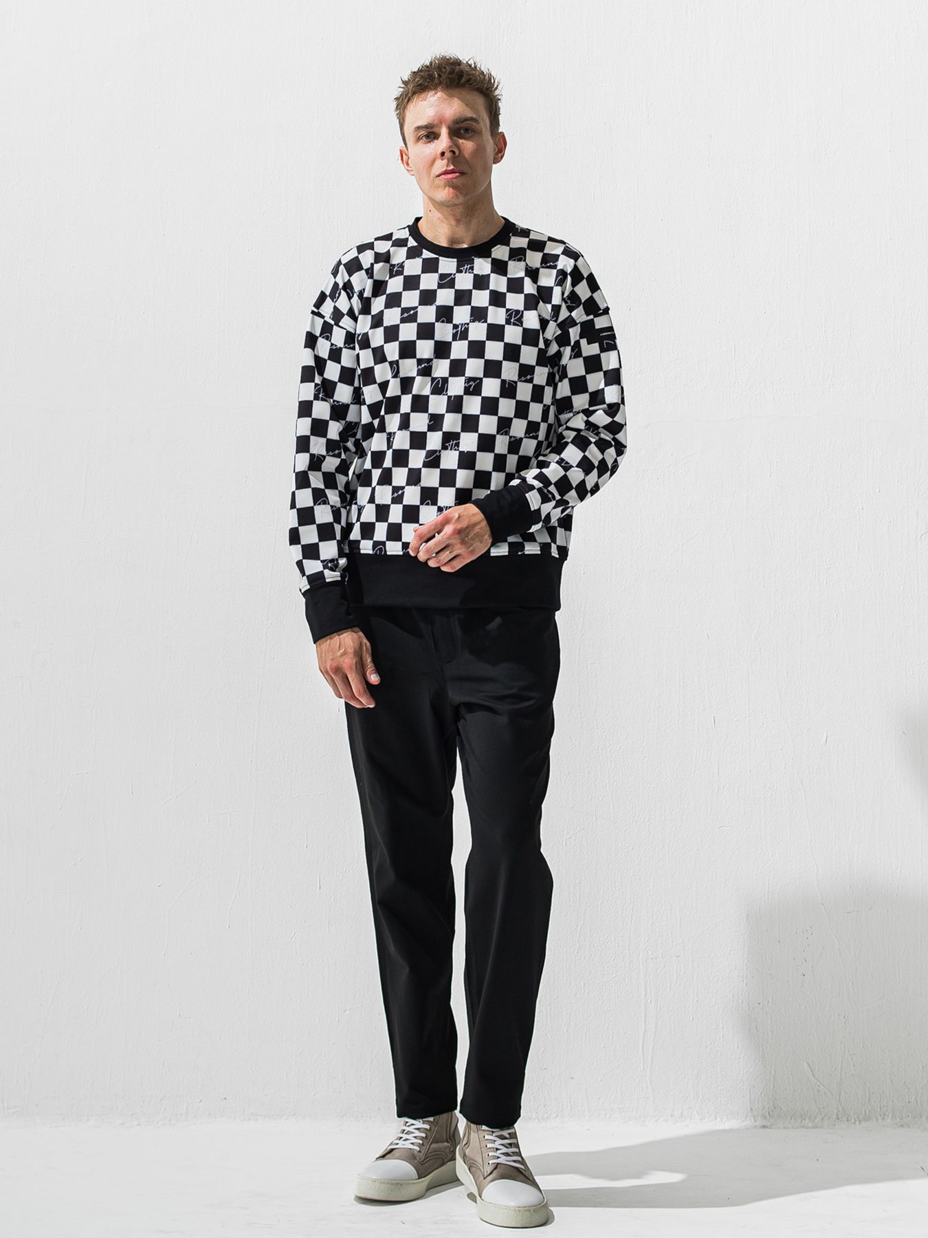 【予約品 9月6日(日) 締切】CHECKER BACK FLEECE TRAINER / 裏起毛 ルーズトレーナー / ホワイト×ブラック