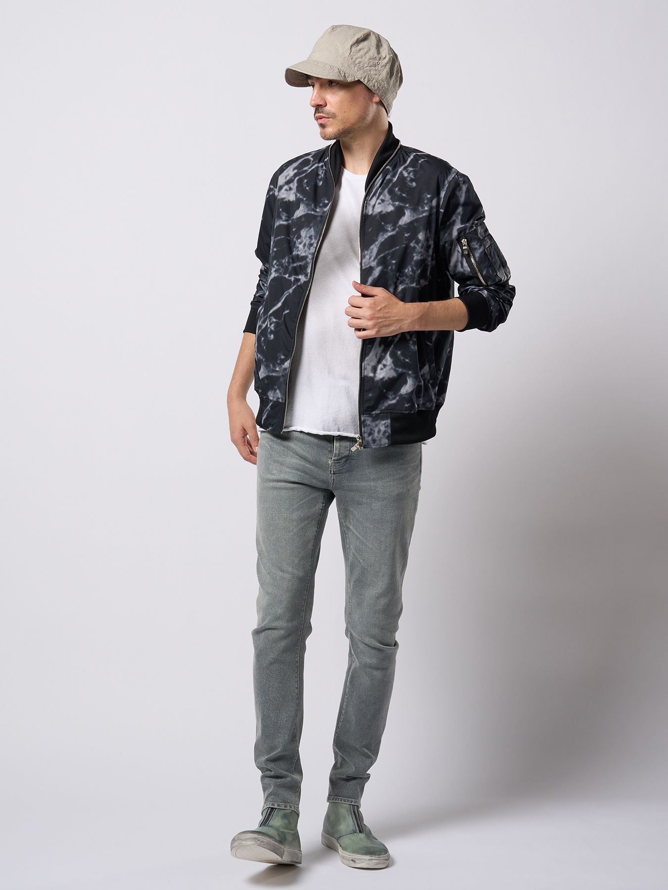 【予約品 9月23日(火) 締切】spray dye leather pocket-T / スプレーダイ レザーポケットTシャツ / ホワイト×ブラック