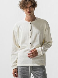 【予約品 9月6日(日) 締切】OVER HENRY VELOURS FLEECE THERMAL / 裏起毛 ハニカムサーマル オーバーサイズヘンリーネック / ホワイト