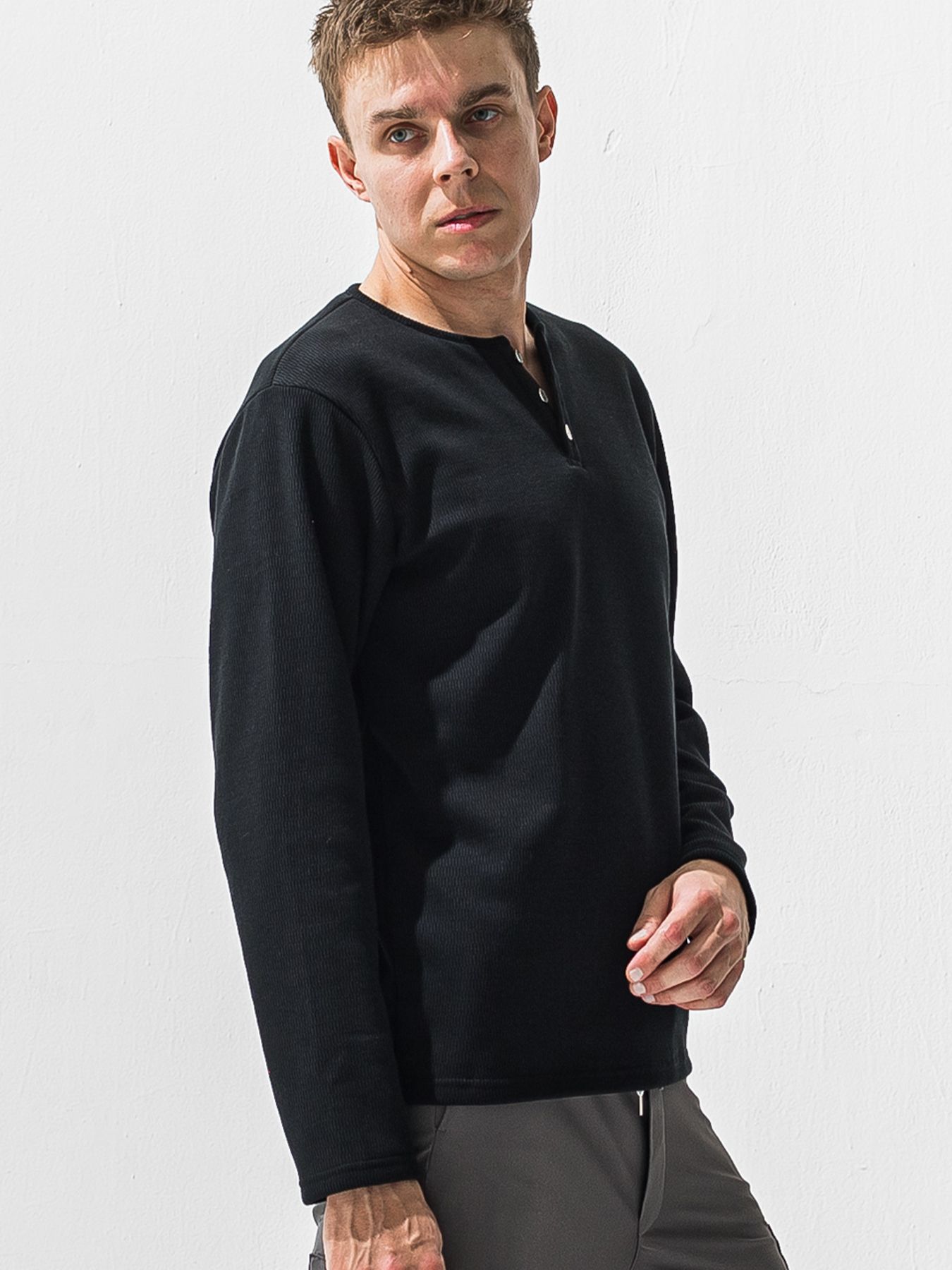 【予約品 9月6日(日) 締切】VELOURS FLEECE THERMAL HENRY / 裏起毛 ハニカムサーマル ヘンリーネック / ブラック