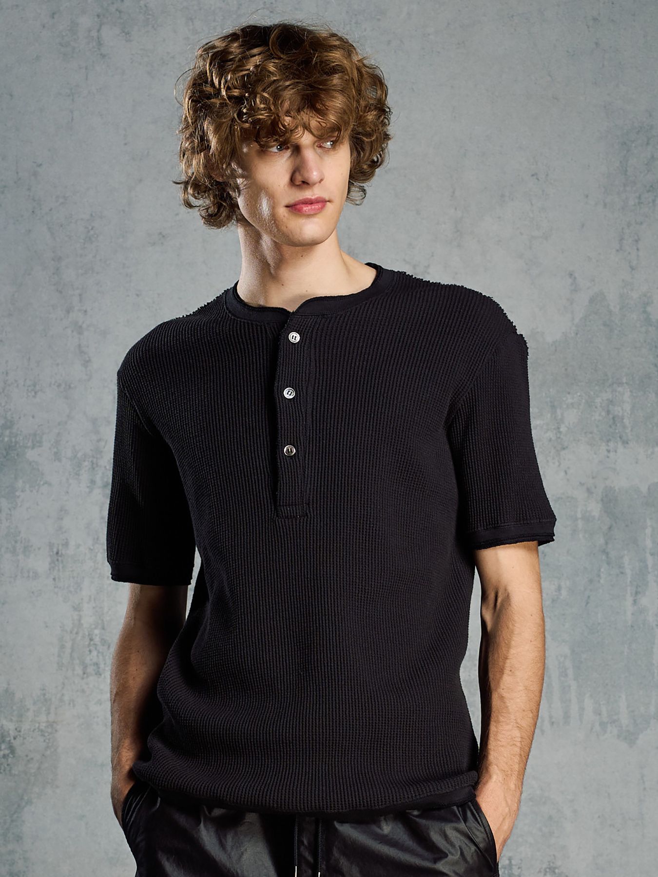 【予約品 1月25日(日) 締切】waffle henley S/S / ワッフルヘンリー ショートスリーブ / ブラック