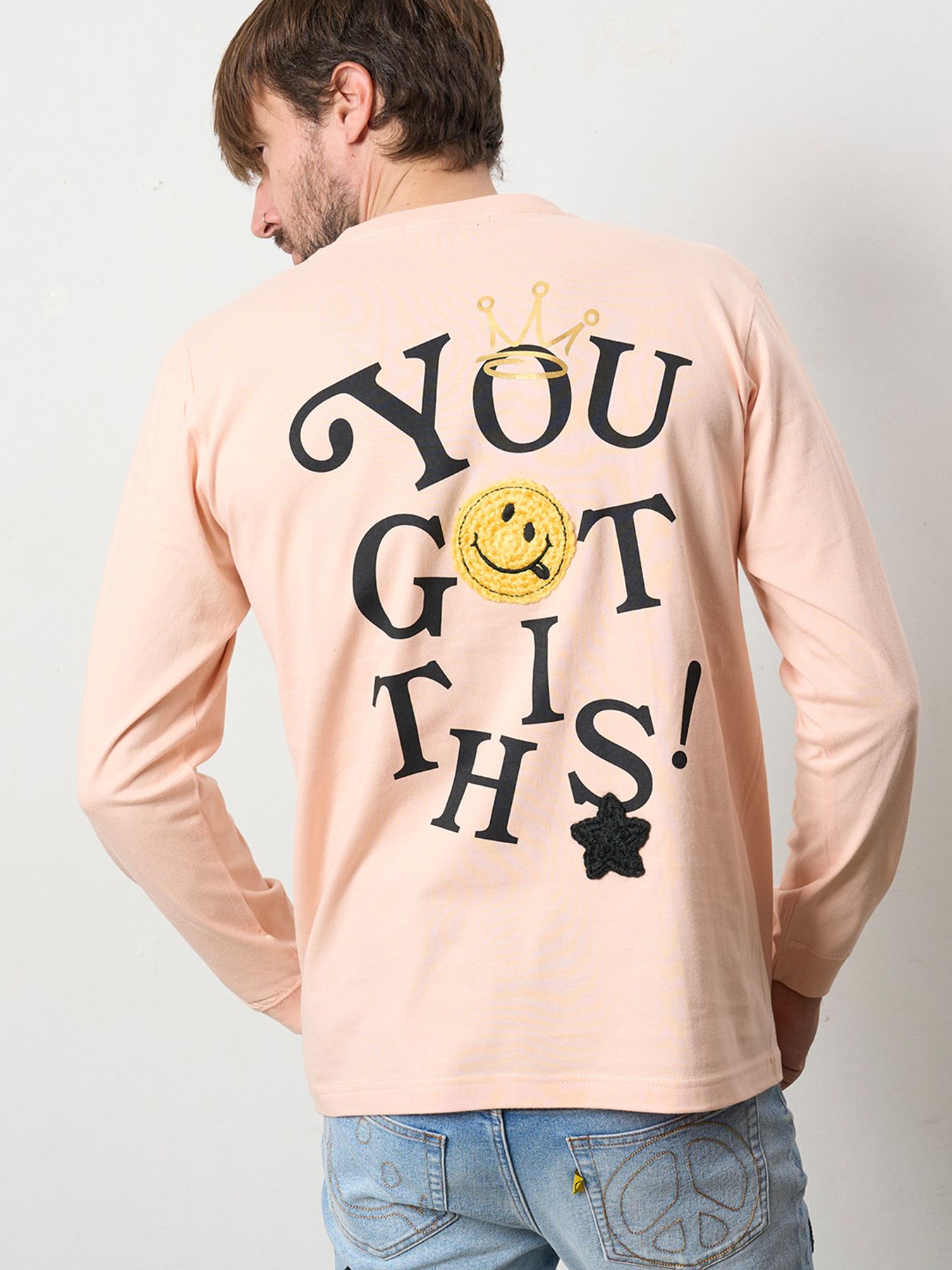 5.6ozコットン天竺 YOU GOT THIS シークインLS Tシャツ / ペールピンク