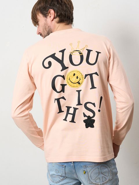 5.6ozコットン天竺 YOU GOT THIS シークインLS Tシャツ / ペールピンク