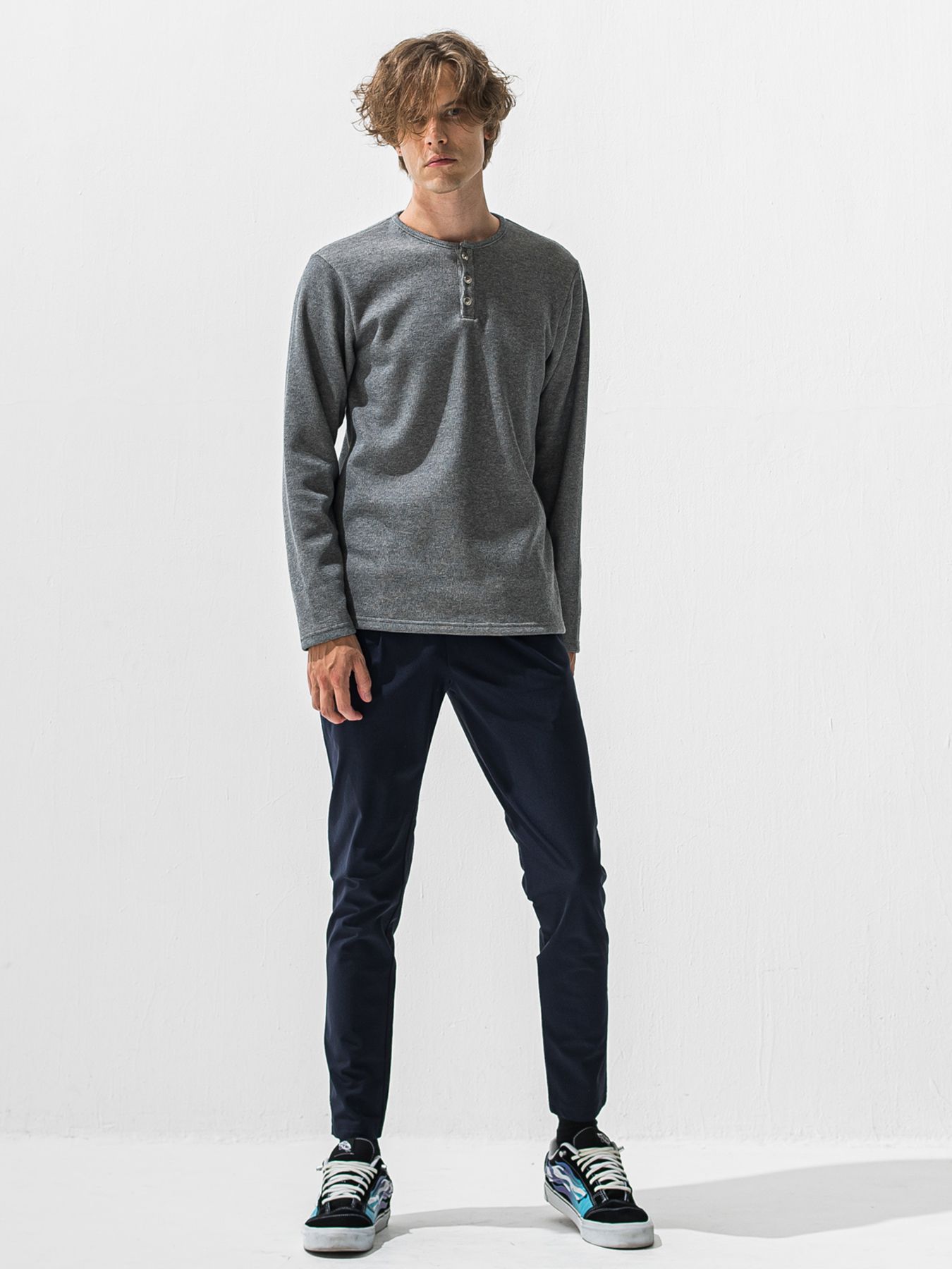 【予約品 9月6日(日) 締切】VELOURS FLEECE THERMAL HENRY / 裏起毛ハニカムサーマルヘンリーネック / グレー