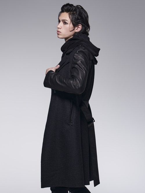 《予約品》ツイード＆袖革 W-RidersLongCoat / Wライダーズロングコート/ ブラック 【kiryuyrik】 10月中旬以降入荷予定