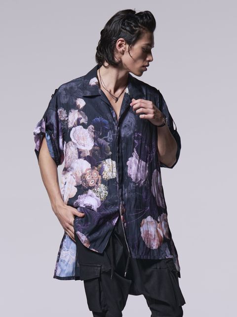 《予約品》 KAIKIN-HIYOKU Shirt / 開襟比翼シャツ / ブラック・フローラ柄
