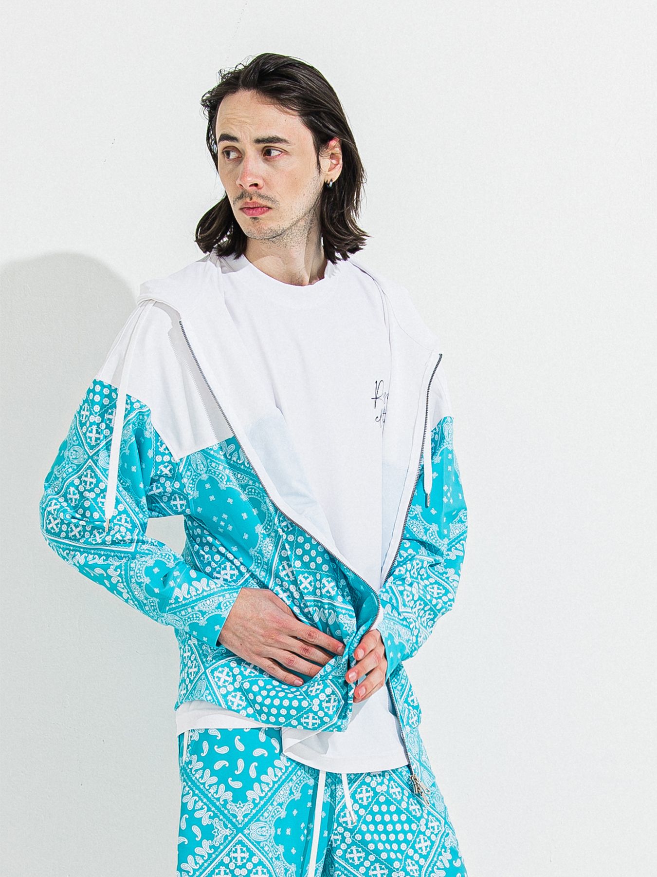 【予約品 】RASH OVER ZIPUP HOODIE / ラッシュガード オーバーサイズジップアップパーカー / バンダナブルーグリーン