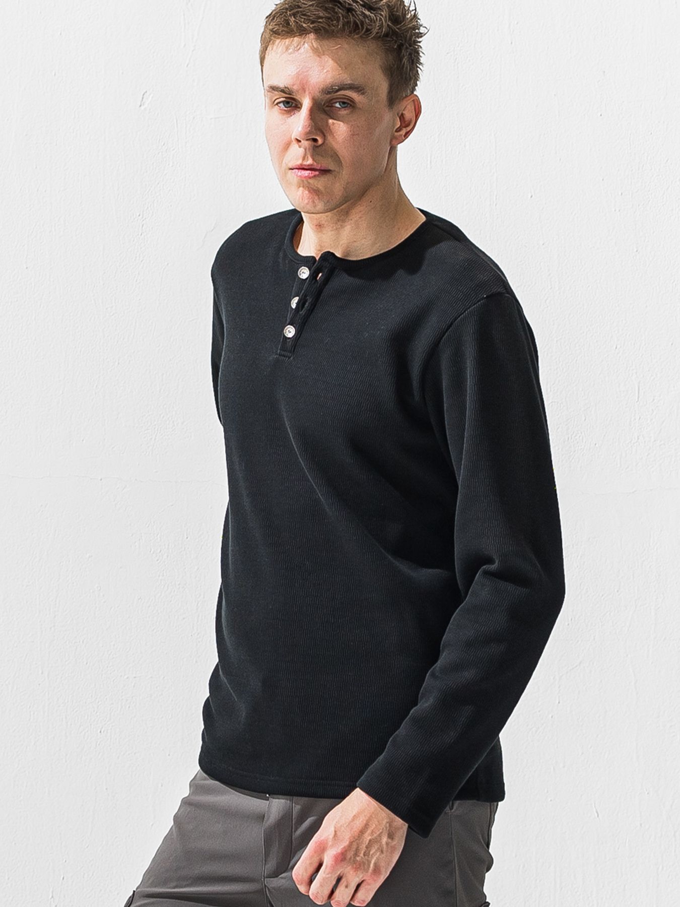 【予約品 9月6日(日) 締切】VELOURS FLEECE THERMAL HENRY / 裏起毛 ハニカムサーマル ヘンリーネック / ブラック