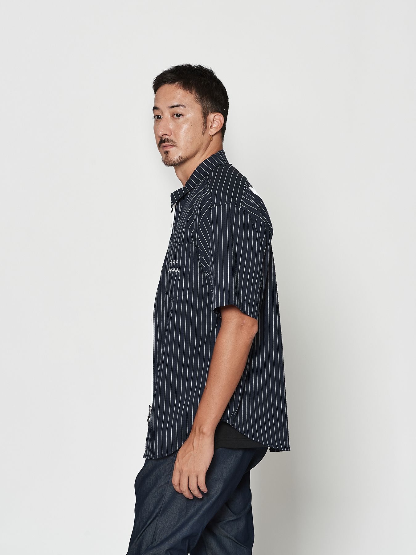 【予約品 10月9日(木) 締切】muta Dot Air(R) Zip Up S-S Shirt / ZIP半袖シャツ / ネイビーストライプ【Acanthus × muta MARINE】
