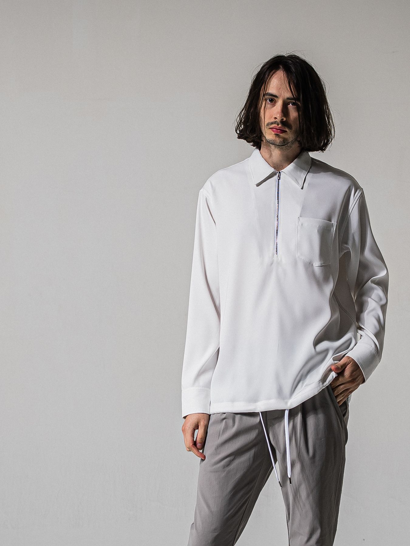 【予約品 11月16日(日) 締切】PULL OVER SATIN SHIRT / ジッププルオーバー サテンシャツ / ホワイト