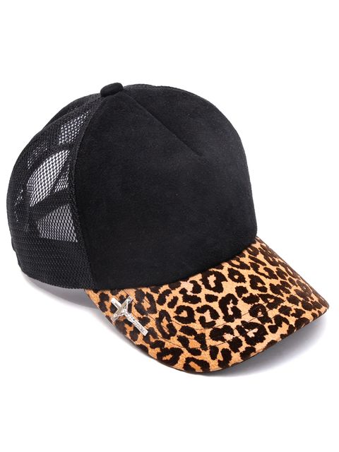 ディア スエード × 豹柄フロッキープリント ピッグ スエード レザーキャップ / BLACK × LEOPARD