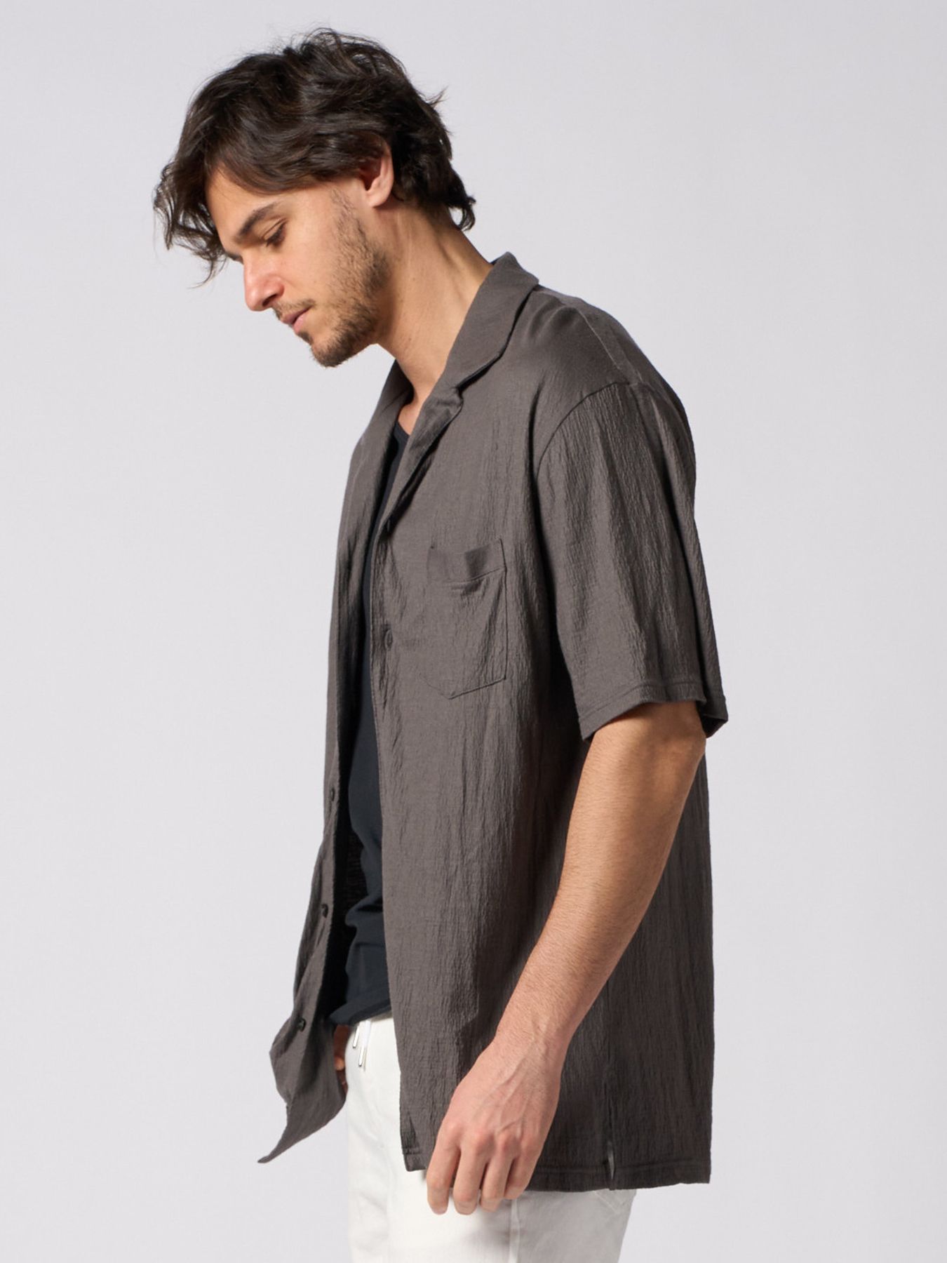 【予約品 1月25日(日) 締切】ex.comfy wool open collar shirt / サマーウール オープンカラーシャツ / スチールグレー