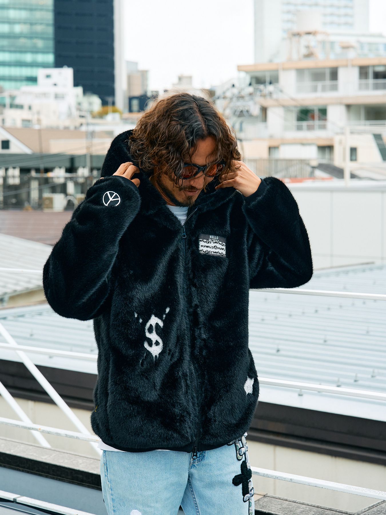 【予約品 】 ECOファー マルチパッチワークビックジップワイドパーカー / ブラック