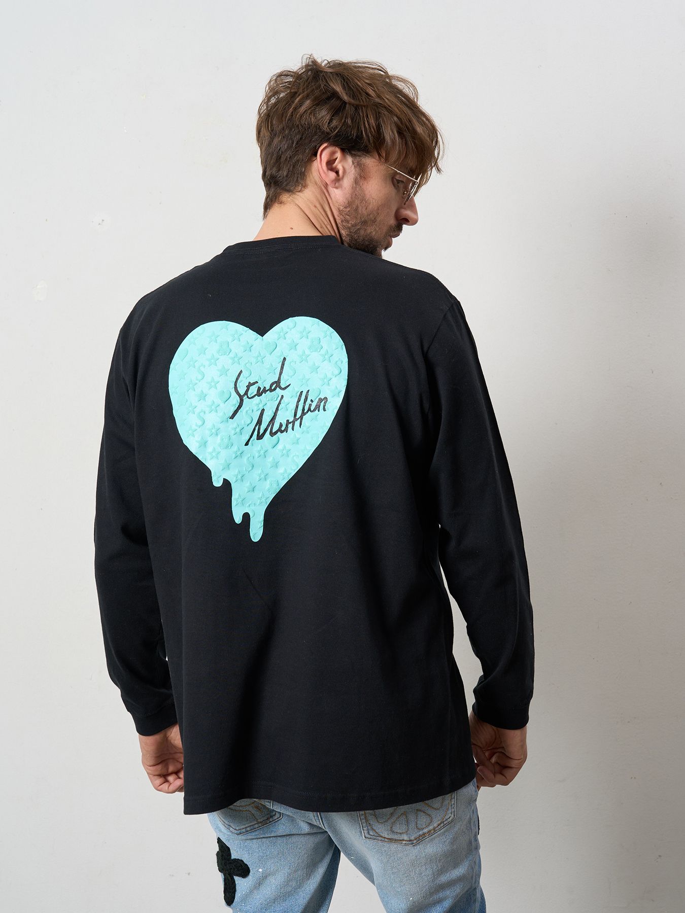 【予約品 5月8日(木) AM10時 締切】 5.6ozコットン天竺 スターグラムハート＆シークインLS Tシャツ / ブラック