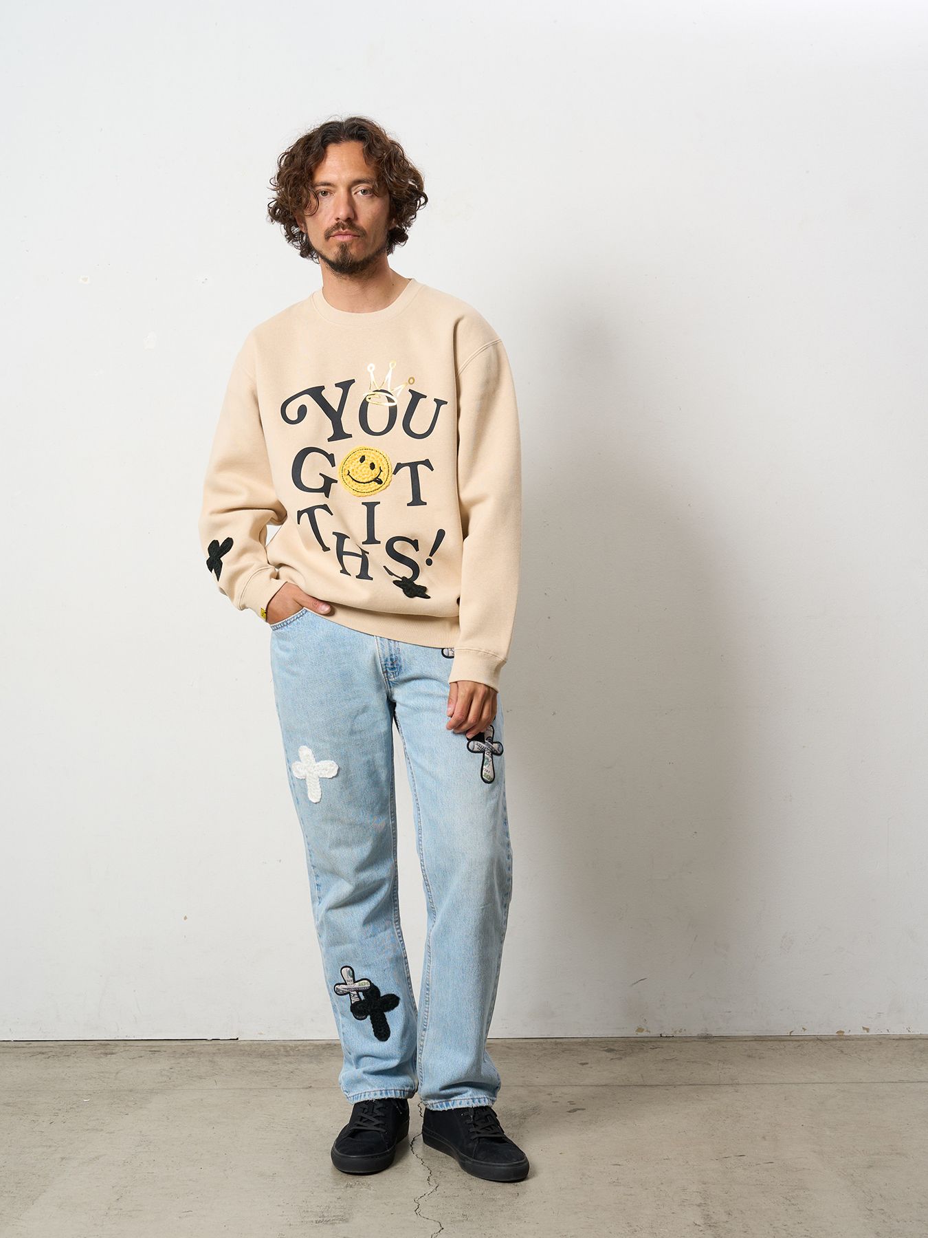 【予約品 5月8日(木) AM10時 締切】 TC裏毛起毛 YOU GOT THIS マルチパッチワークスウェットシャツ / ベージュ