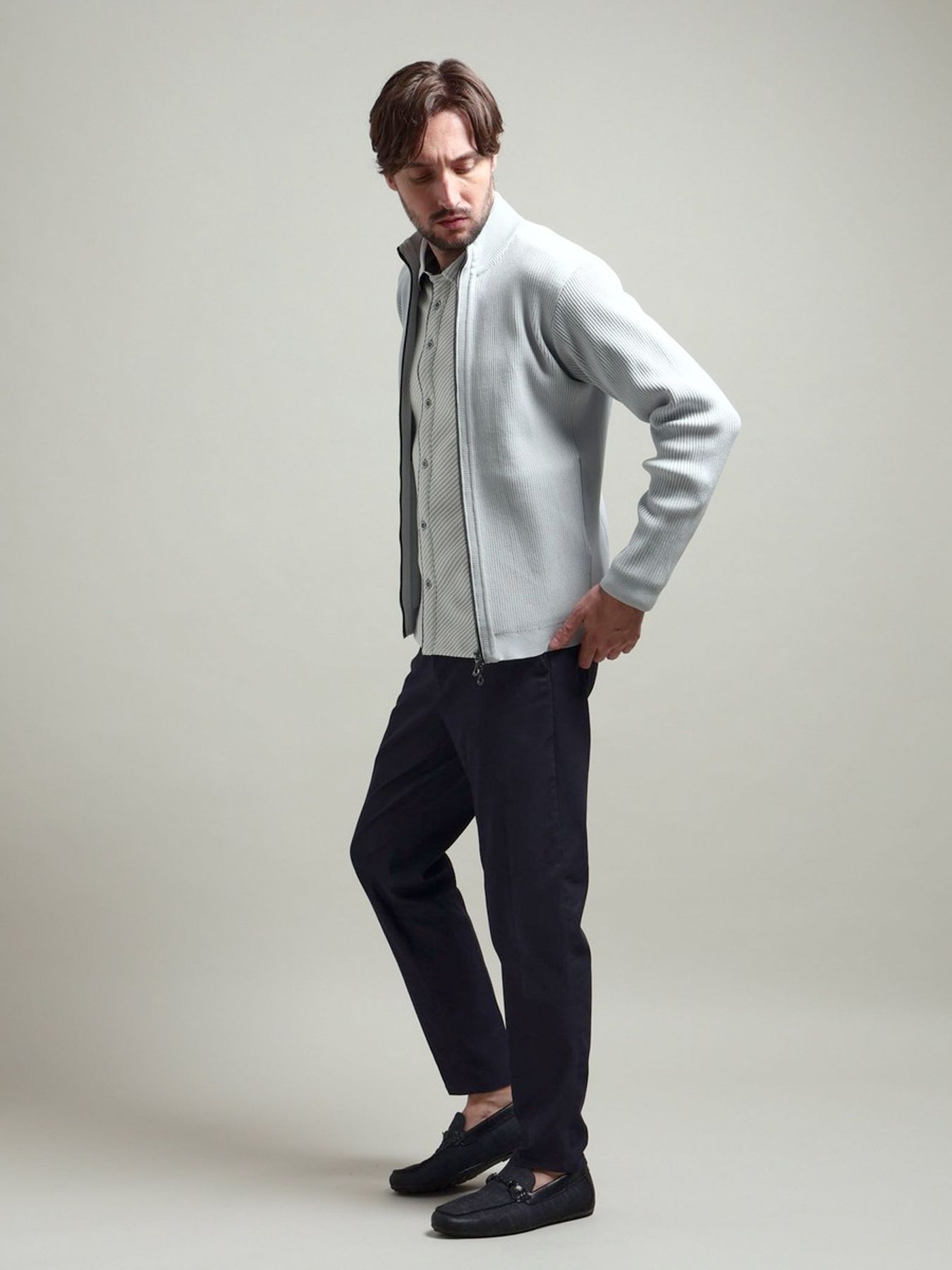 フルジップスタンドニットブルゾン / ライトグレー 【HIDEAWAYS BLACK】