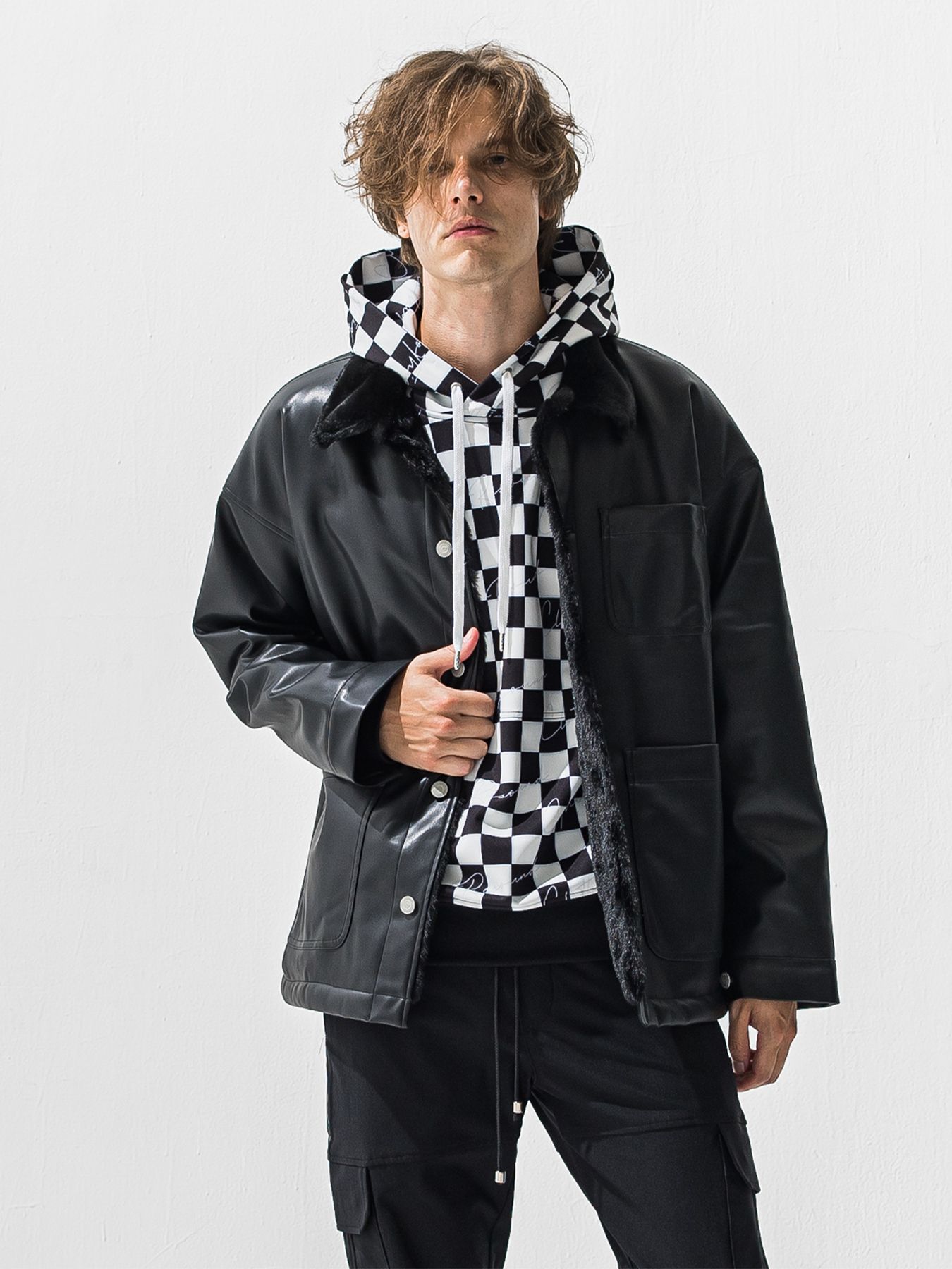 【予約品 9月6日(日) 締切】LEATHER FUR COVERALL / レザー ファー カバーオール / ブラック