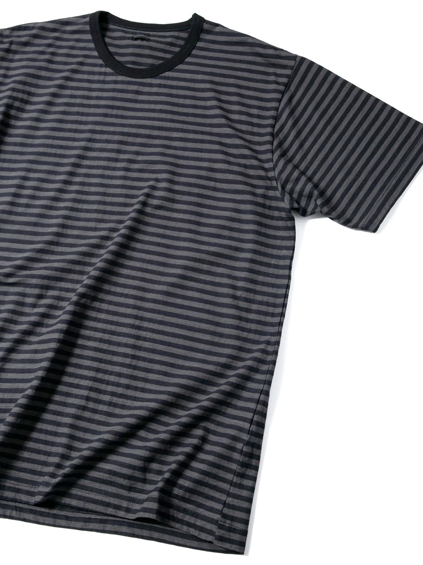 High Twisted Yarn Cotton Single Jersey Stripes Printed Crew Neck T-shirt / ボーダー強撚天竺 プリント クルーネック Tシャツ / ブラック×グレー