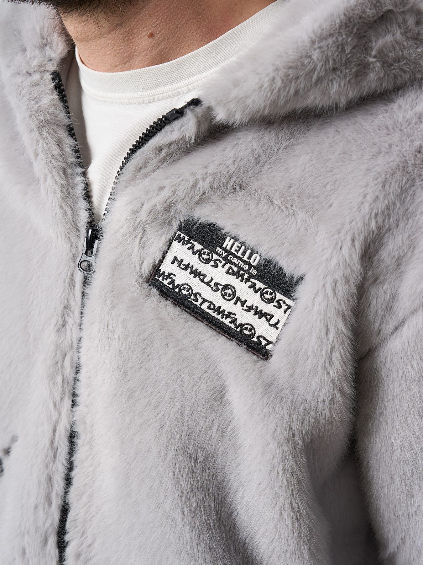 【予約品 5月8日(木) AM10時 締切】 ECOファー マルチパッチワークビックジップワイドパーカー / M.グレー