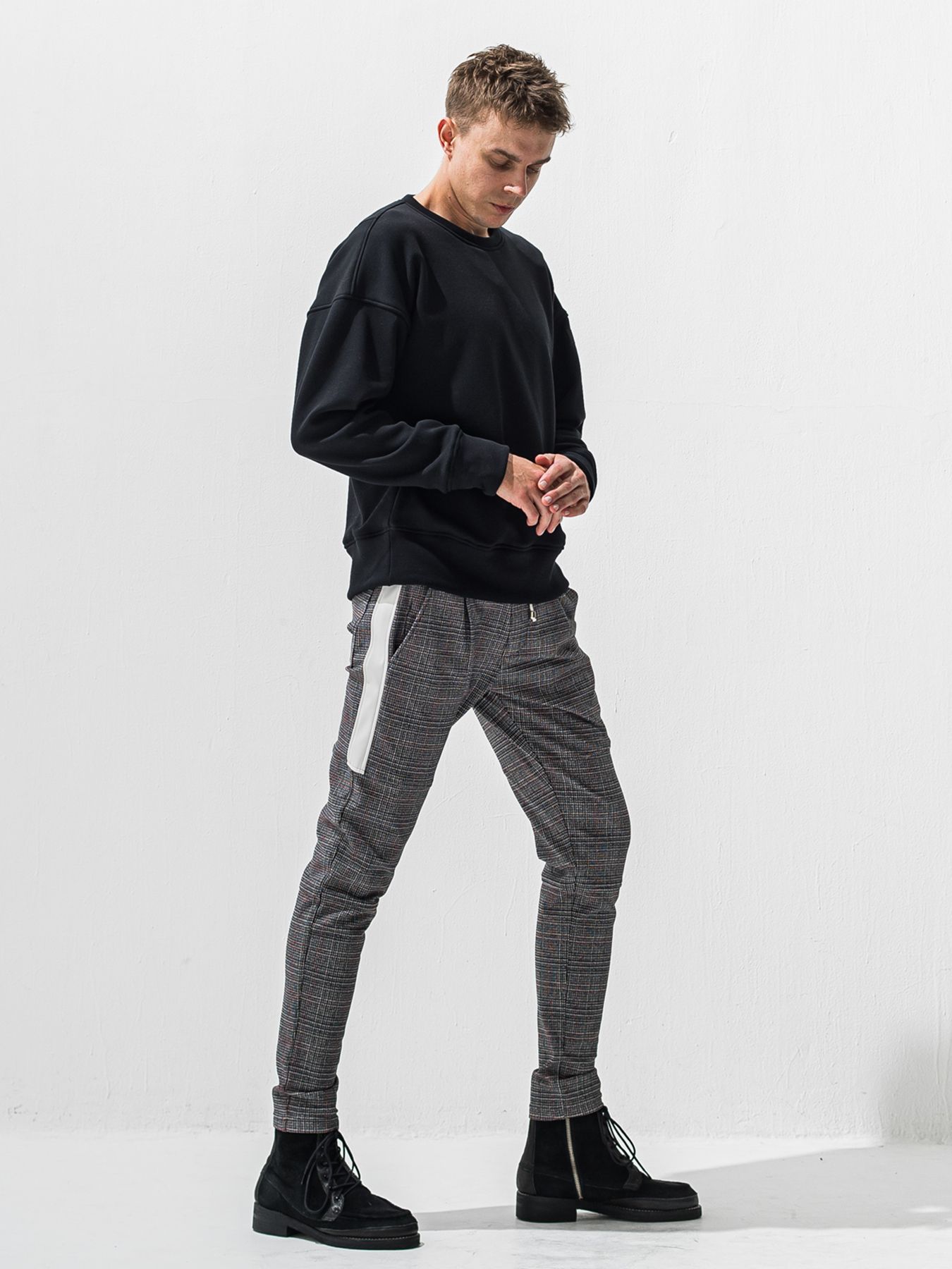 【予約品 9月6日(日) 締切】PIN ST RC VELOURS FLEECE DROP TRAINER / ピンストライプロゴ 裏起毛 ルーズトレーナー / ブラック