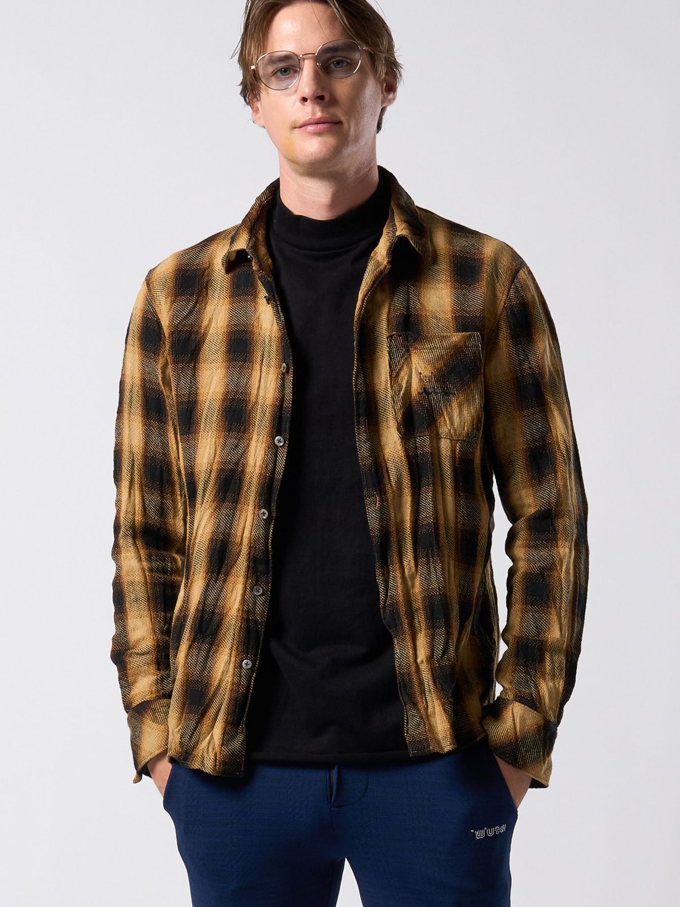 【予約品】muta × wjk collection：twist wrinkle check shirt / シワ加工チェックシャツ / イエローチェック