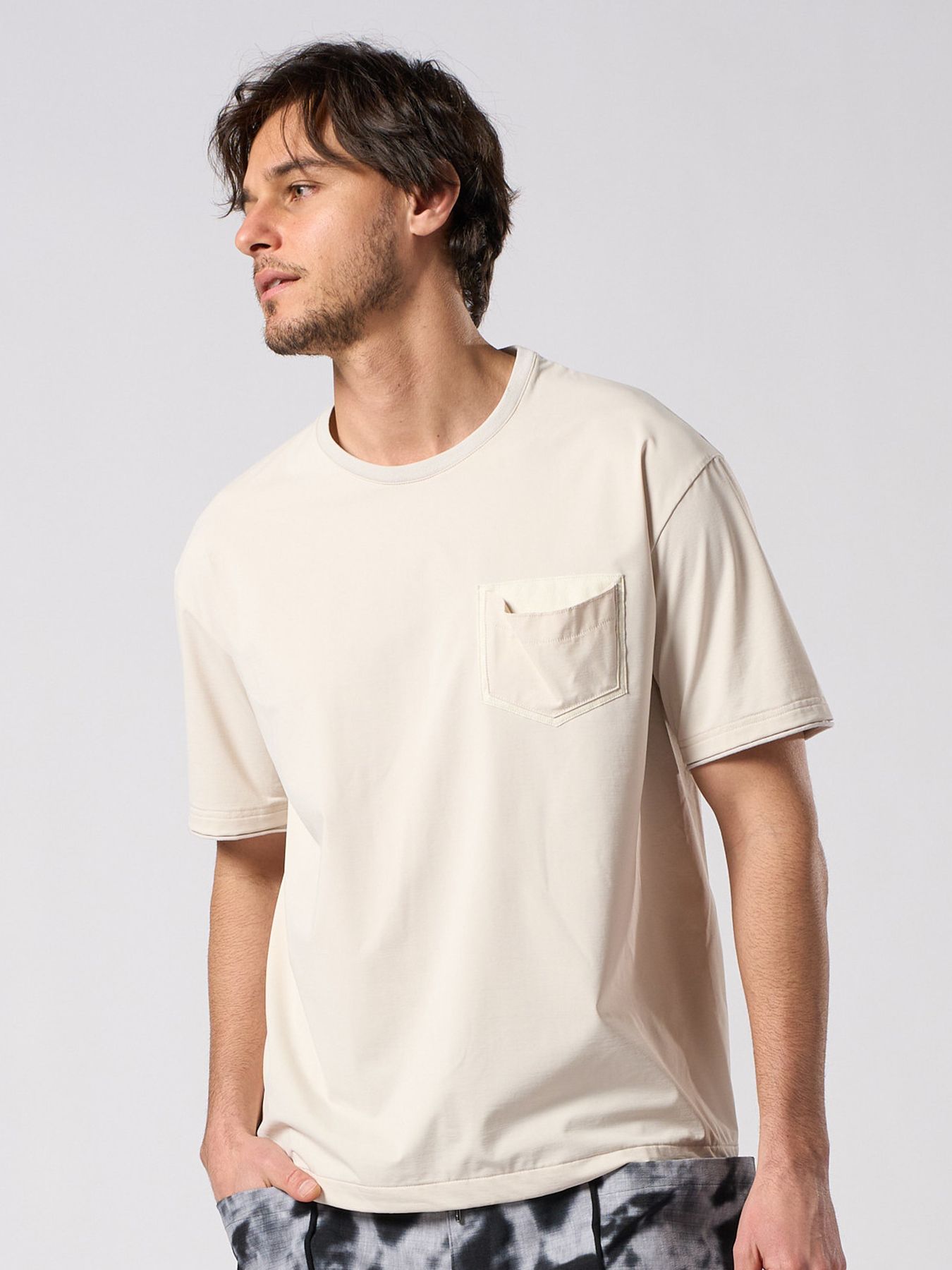 【予約品 1月25日(日) 締切】drawstring leather pocket S/S / ドローストリング レザーポケット ショートスリーブ / ライトベージュ