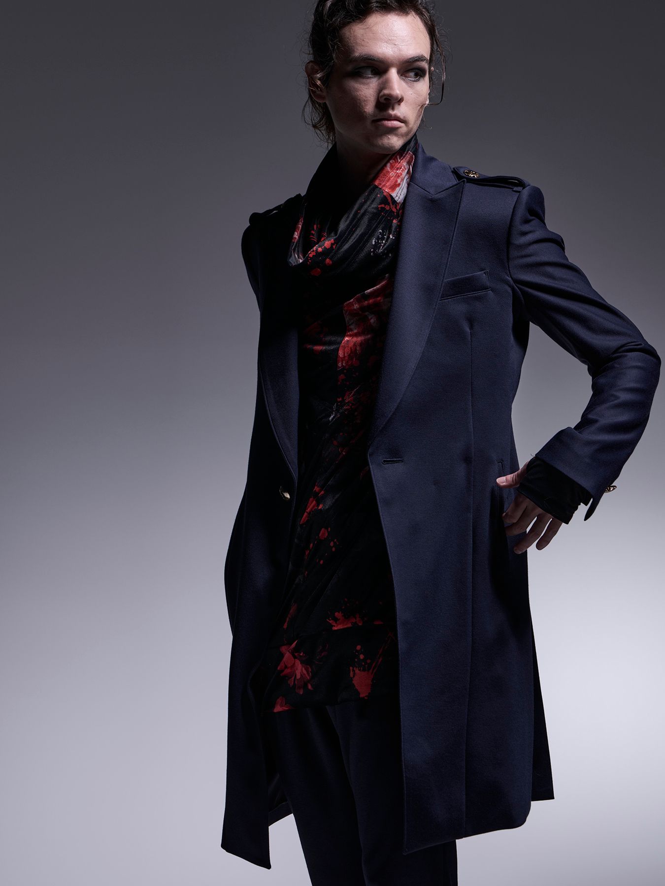 【予約品 7月13日(日) 締切】Epaulet Peaked Long Jacket / エポーレット ピークドラペル ロングジャケット / ネイビー