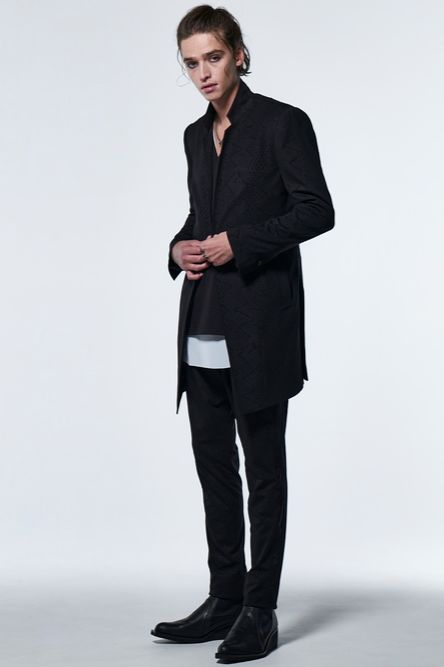 《予約品》 StandCollarLongJacket / パイソン柄エンボス加工ジャージ素材ブラック 【kiryuyrik】 2023年4月以降入荷予定