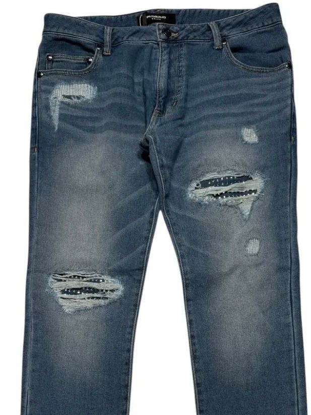 DAMAGED JOG RHINESTONE 5-POCKET PANTS (INDIGO / インディゴ【1PIU1UGUALE3 RELAX 】