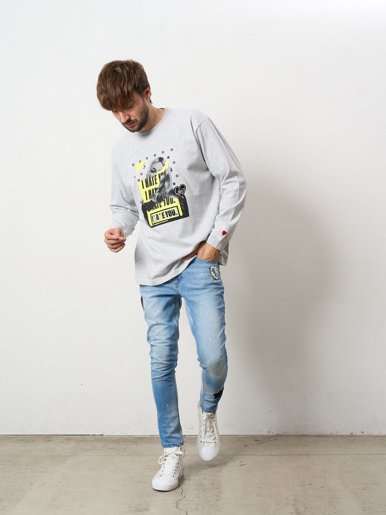 【予約品 5月8日(木) AM10時 締切】 5.6ozコットン天竺 I HATE YOU シークインLS Tシャツ / アッシュ