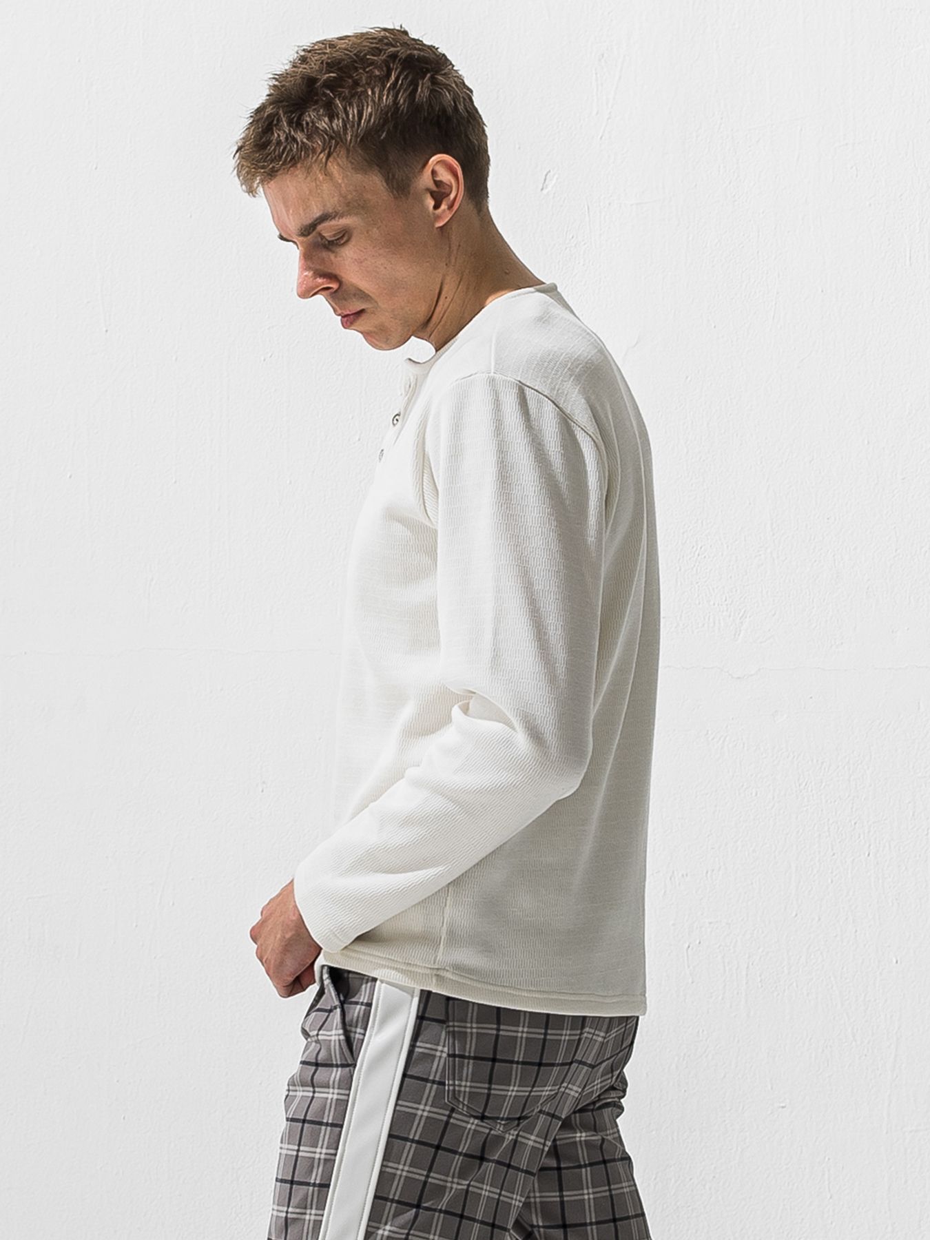 【予約品 9月6日(日) 締切】VELOURS FLEECE THERMAL HENRY / 裏起毛 ハニカムサーマル ヘンリーネック / ホワイト