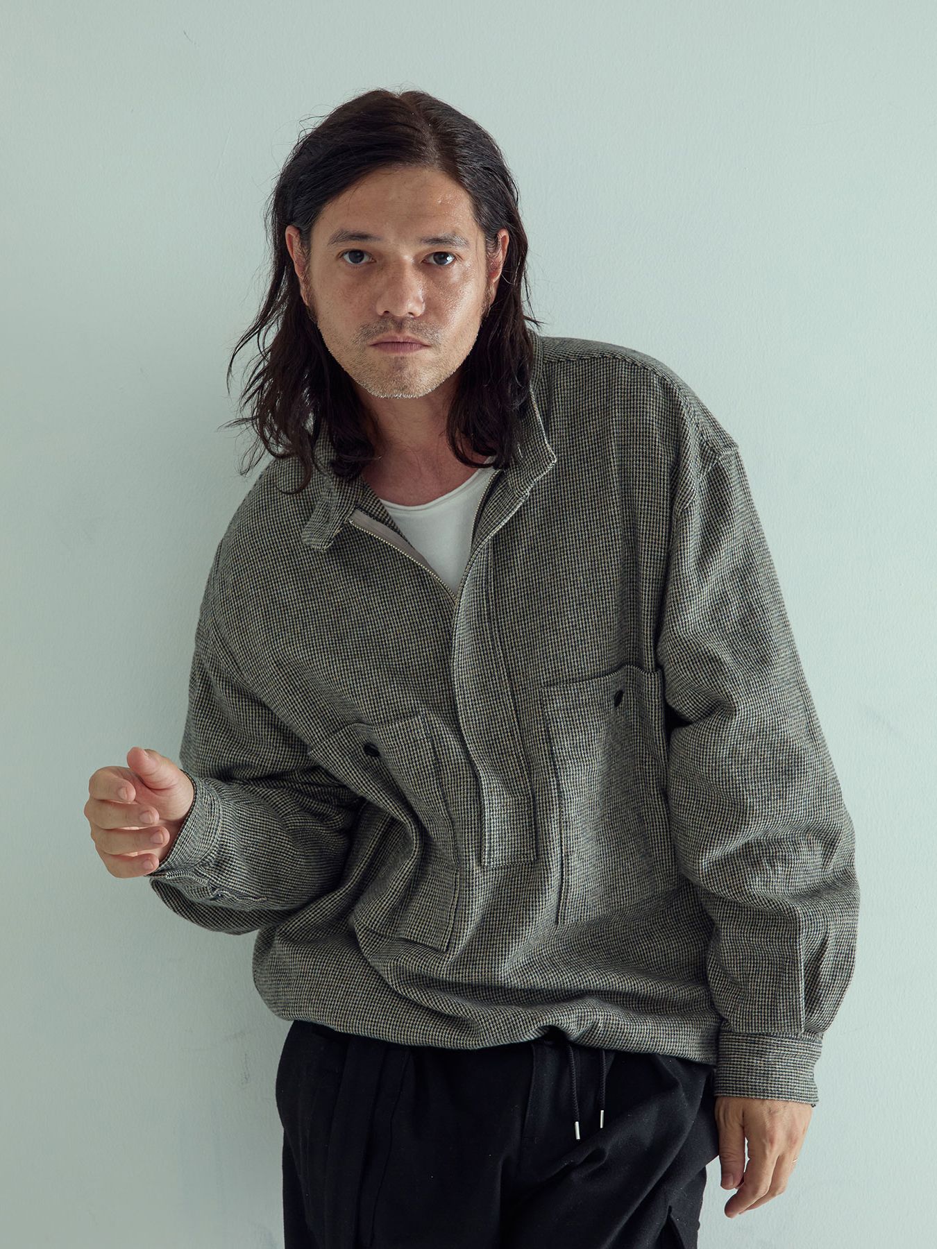 【予約品 】STANDPULL / ジッププルオーバーシャツ / アイボリー× ブラック千鳥