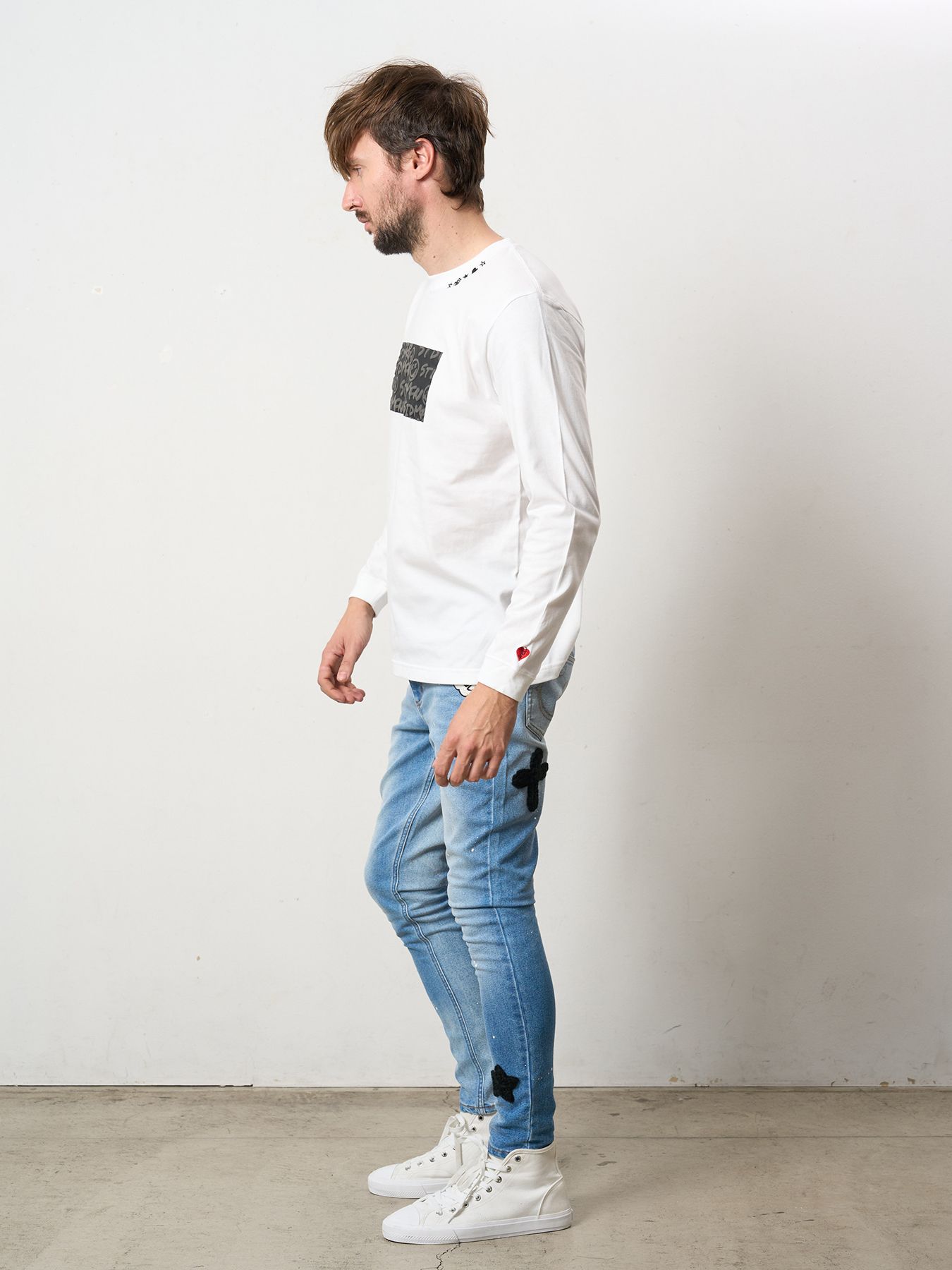 【予約品 5月8日(木) AM10時 締切】 5.6ozコットン天竺 ボックスロゴ発泡プリントLS Tシャツ / ホワイト