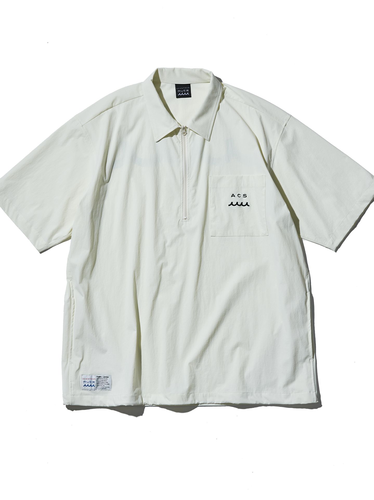 muta Half ZIP S/S Shirt / 撥水加工プルオーバーシャツ / ホワイト 【Acanthus×muta】