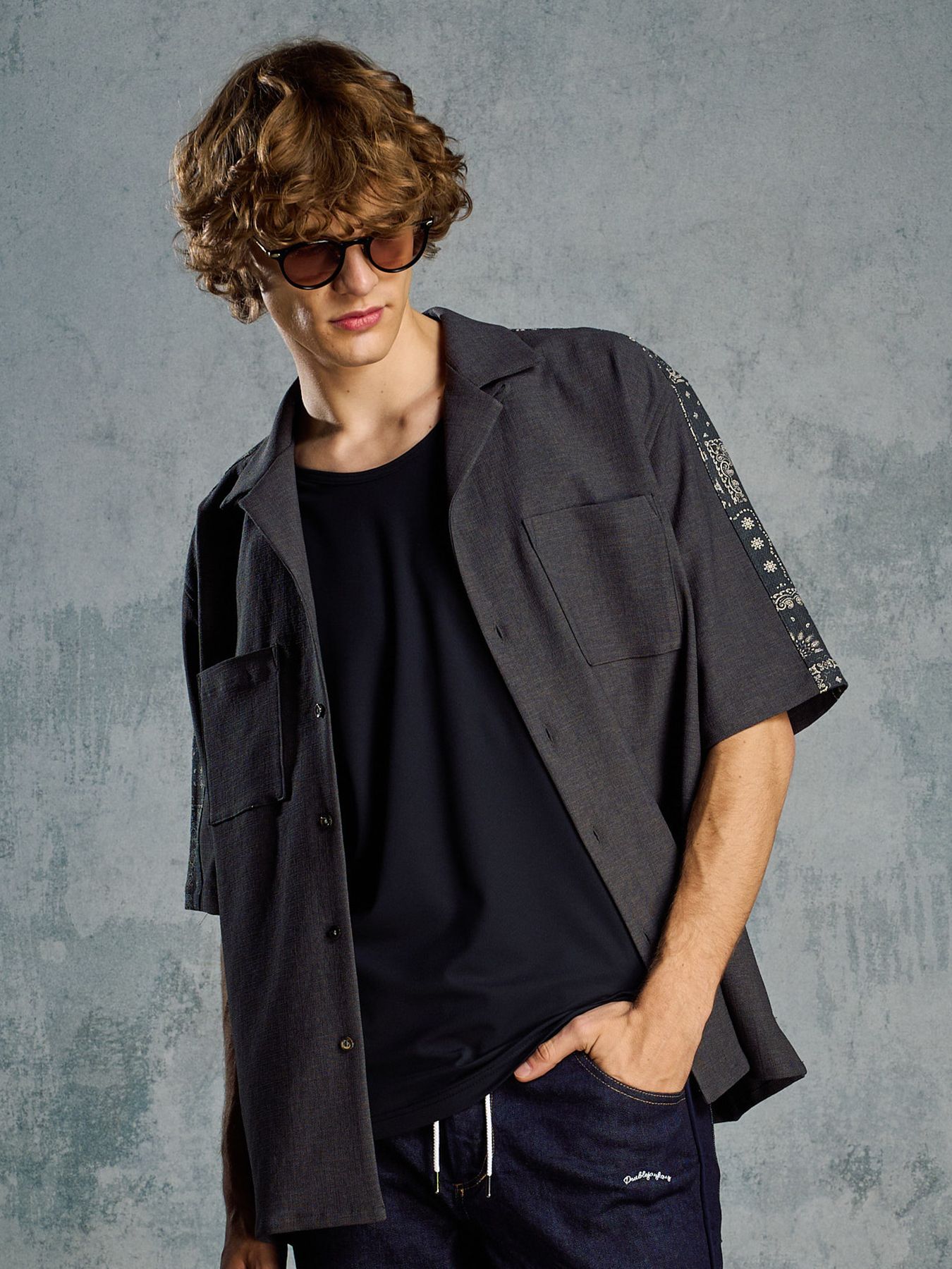 【予約品 1月25日(日) 締切】bandana print panel open shirt / バンダナプリントパネル オープンカラーシャツ / ブラック