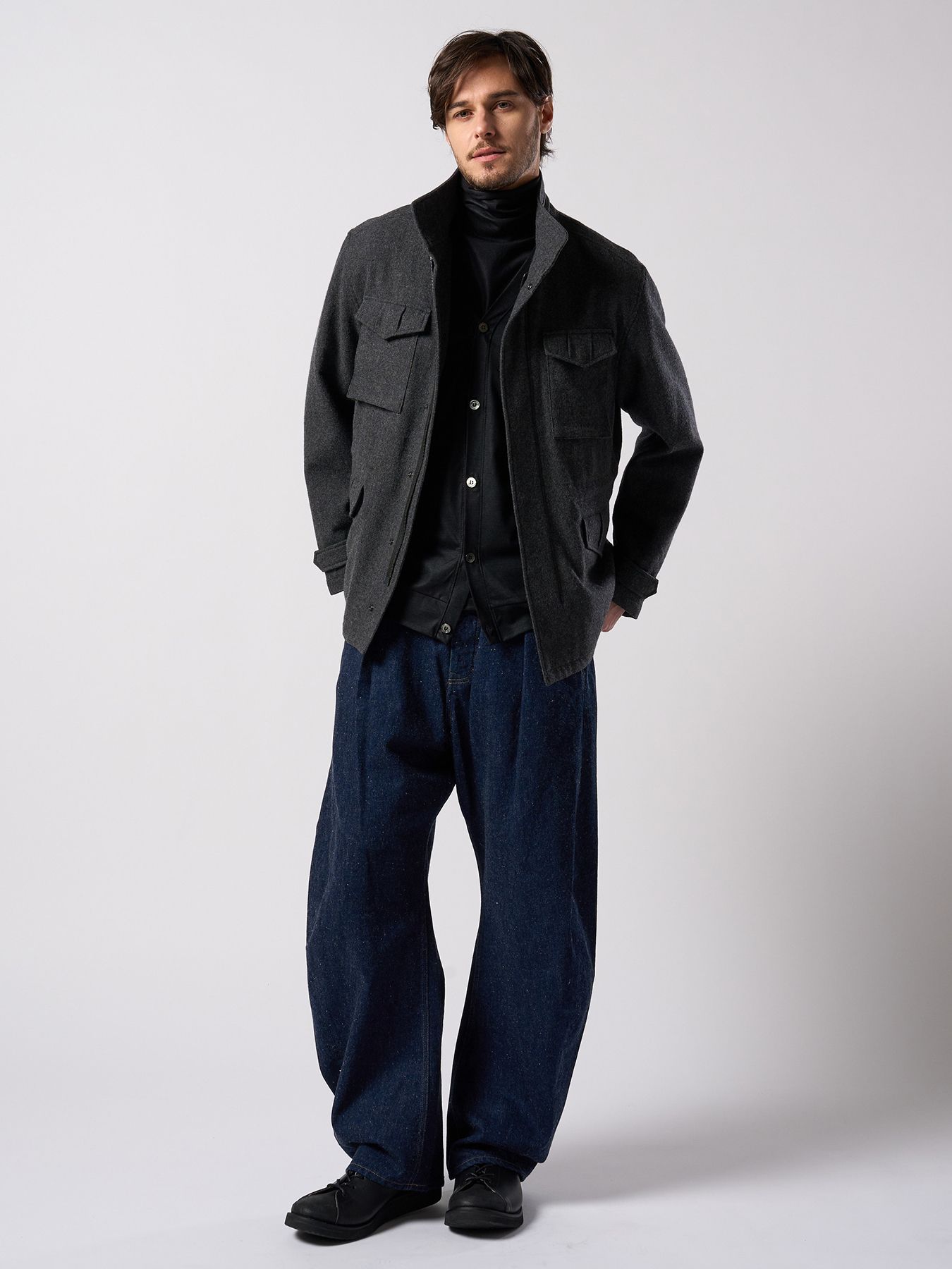 【予約品 4月19日(日) 18時締切】ex.comfy wool middle cardigan / メリノウールジャージー カーディガン / ブラック