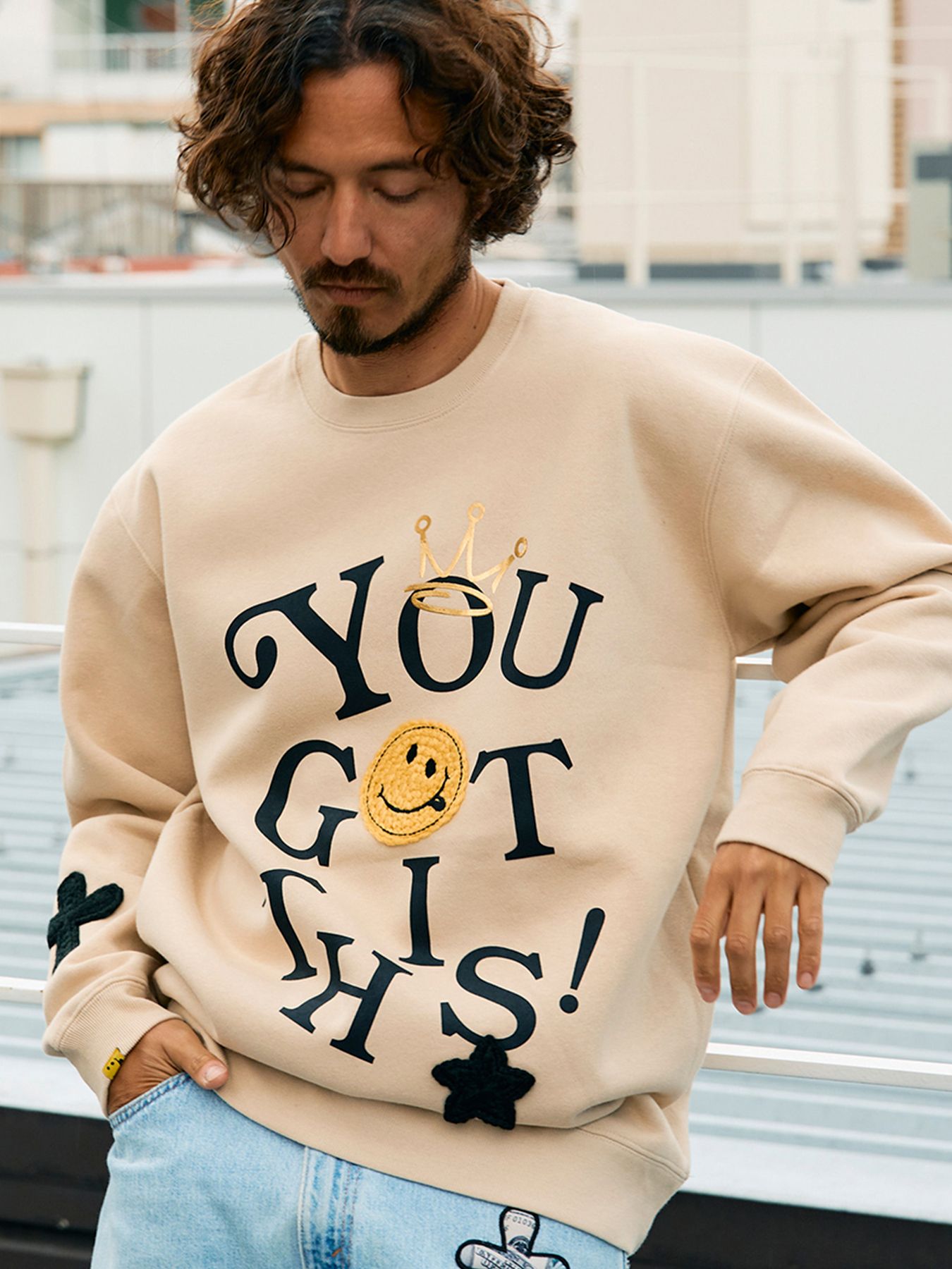 【予約品 5月8日(木) AM10時 締切】 TC裏毛起毛 YOU GOT THIS マルチパッチワークスウェットシャツ / ベージュ