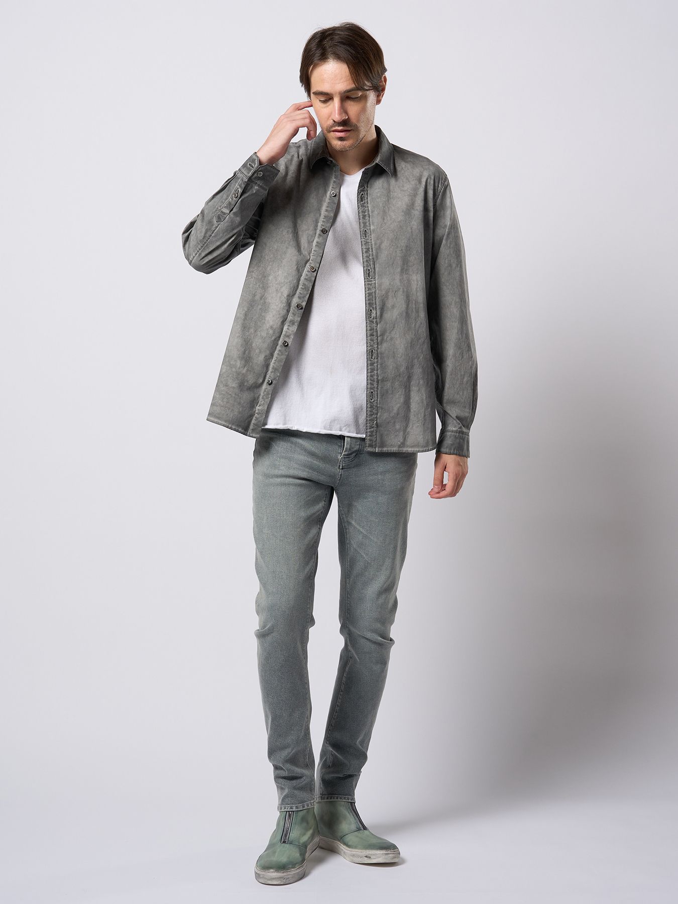 【予約品 9月23日(火) 締切】spray dye leather pocket-T / スプレーダイ レザーポケットTシャツ / ホワイト×ブラック