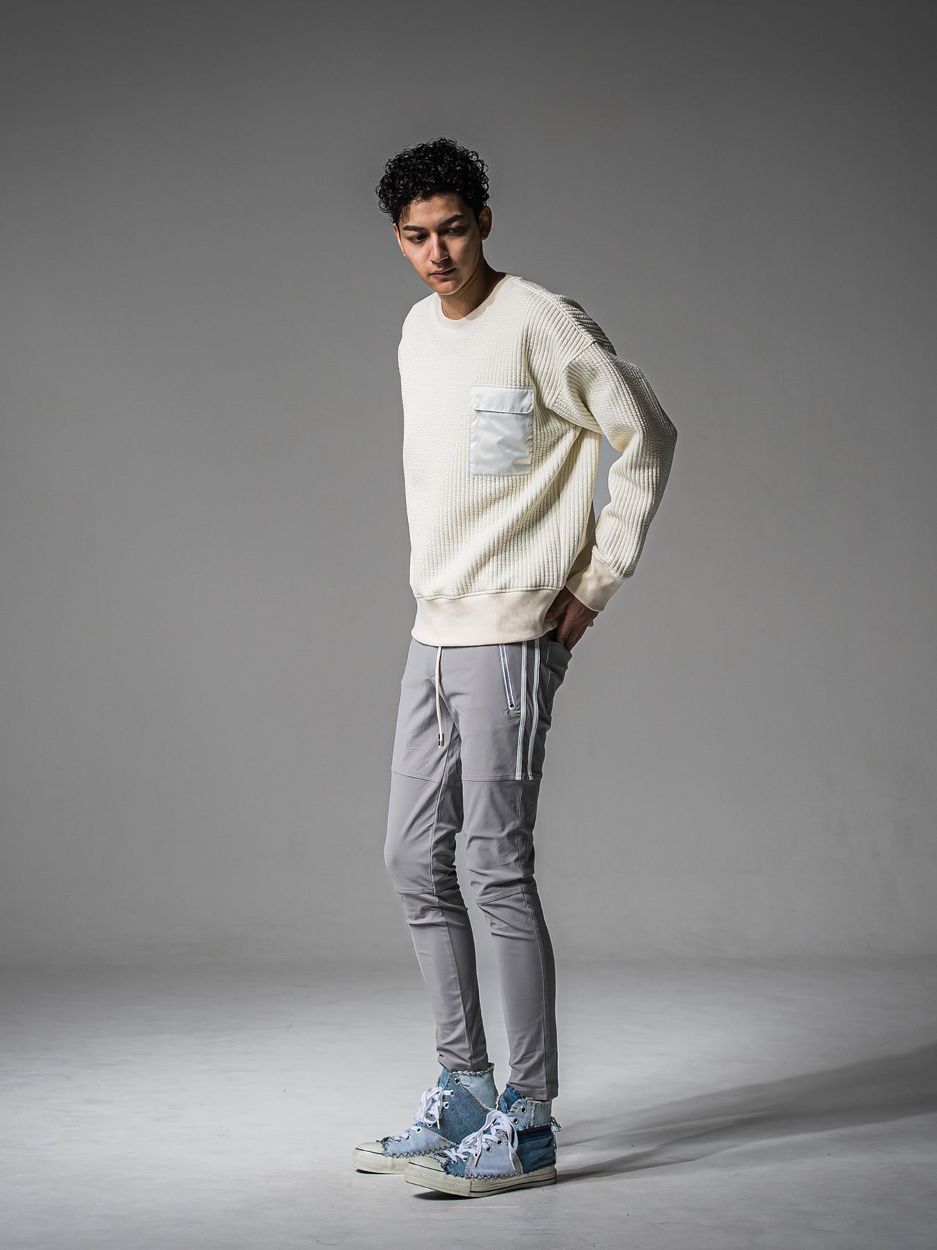 【予約品 】STRIPE QUILTING DROP TRAINER / ストライプキルティング ルーズトレーナー / オフ