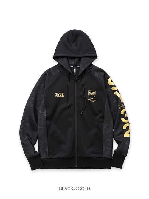 DOUBLE KNIT EMBOSS CAMO SHIELD LOGO ZIP HOODIE / ブラック ×ゴールド【SY32 by SWEET YEARS】