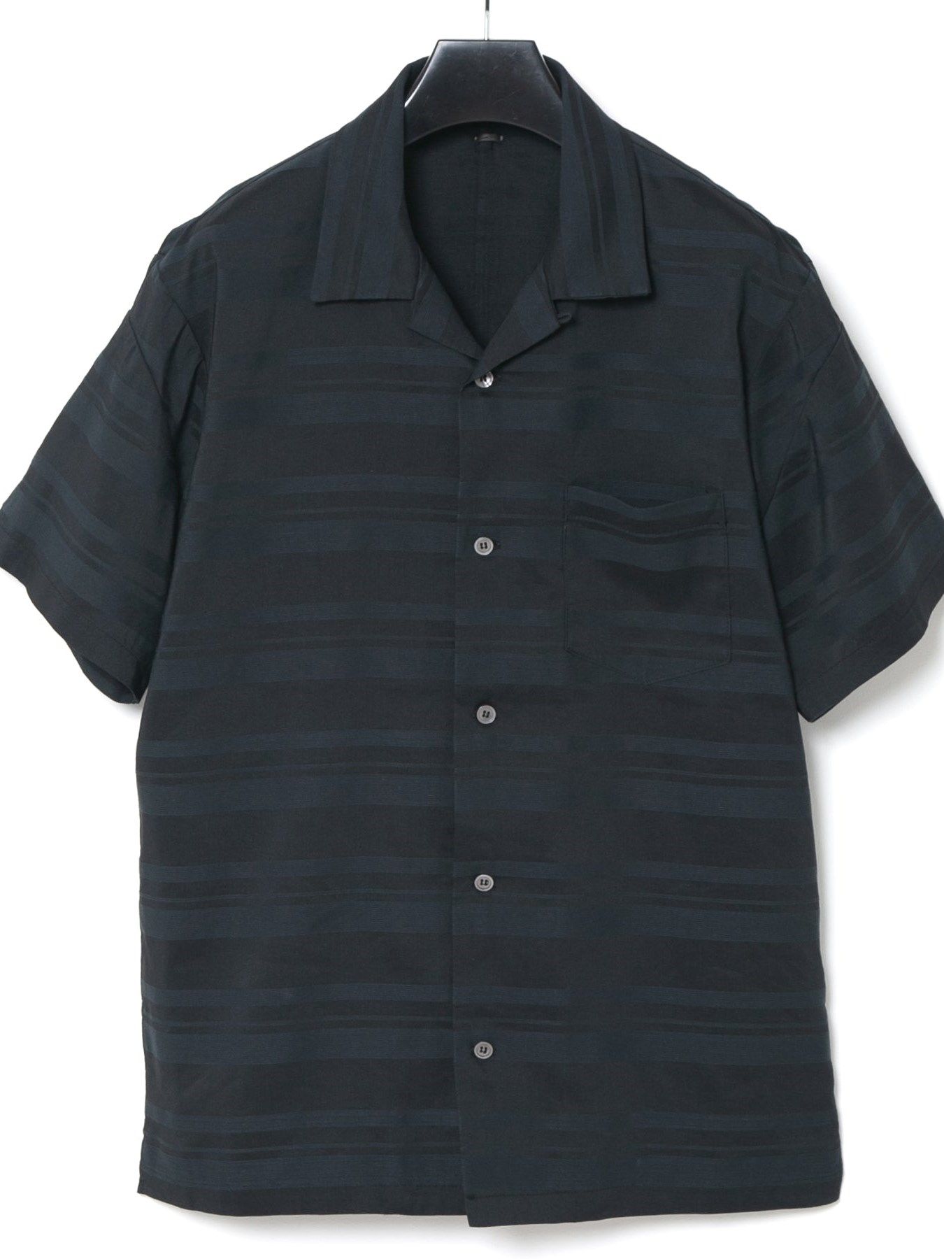 レーヨン コットンラミー ストライプ H/S 開襟シャツ  / Open Collar Shirt / ブラック 【STRUM】2024年2月入荷予定