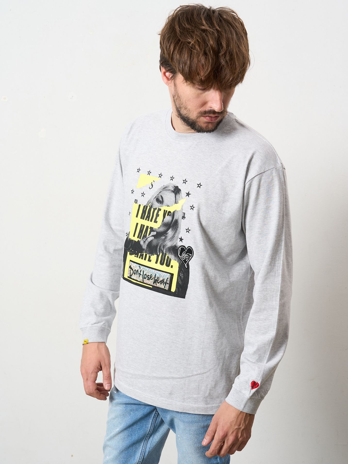 【予約品 5月8日(木) AM10時 締切】 5.6ozコットン天竺 I HATE YOU シークインLS Tシャツ / アッシュ