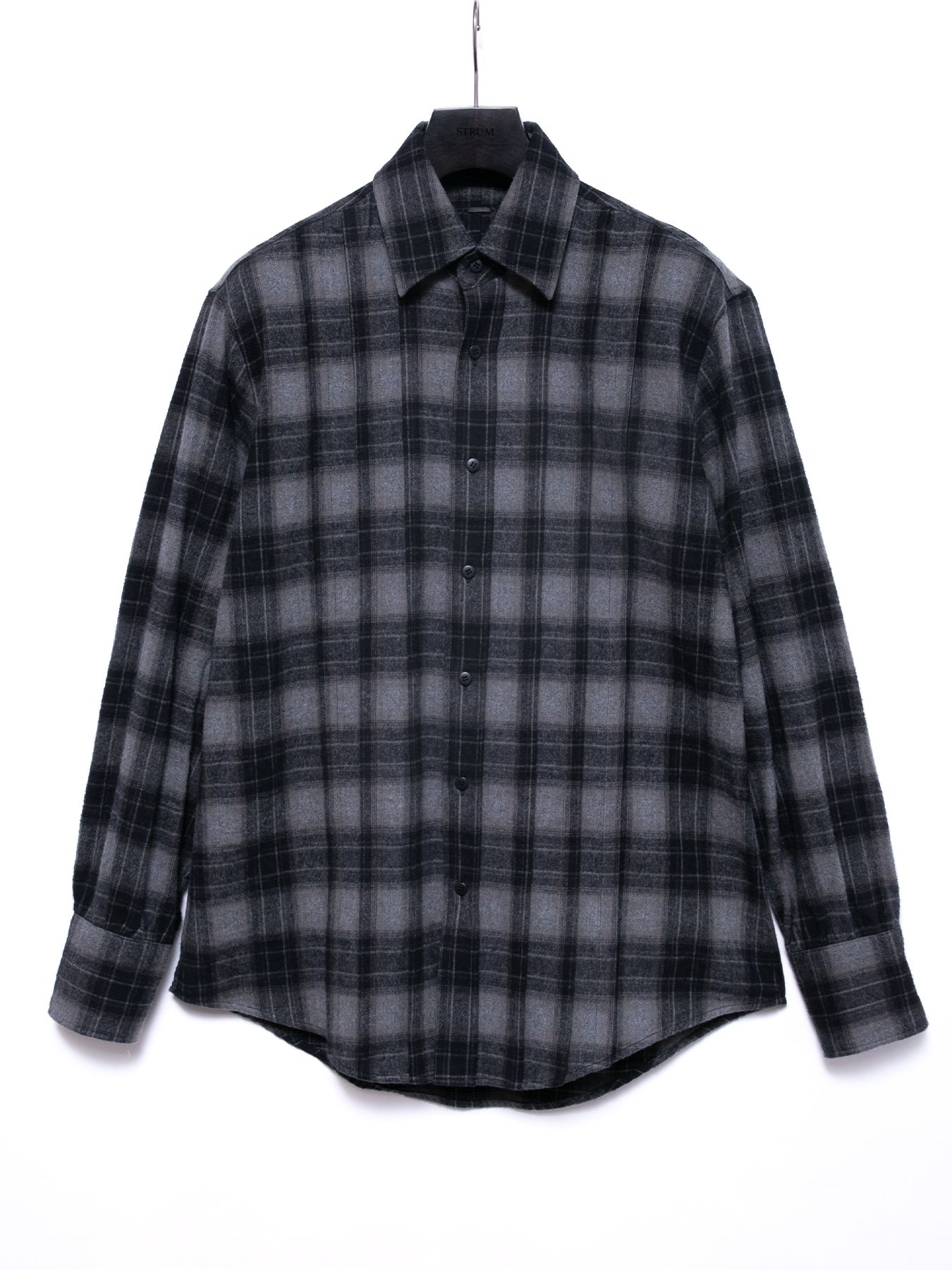 【予約品 4月6日(月) 締切】Checked Cotton Shaggy Brushed Twill Pleated Shirts / チェックコットン シャギー起毛 ツイル プリーツシャツ / ブラック